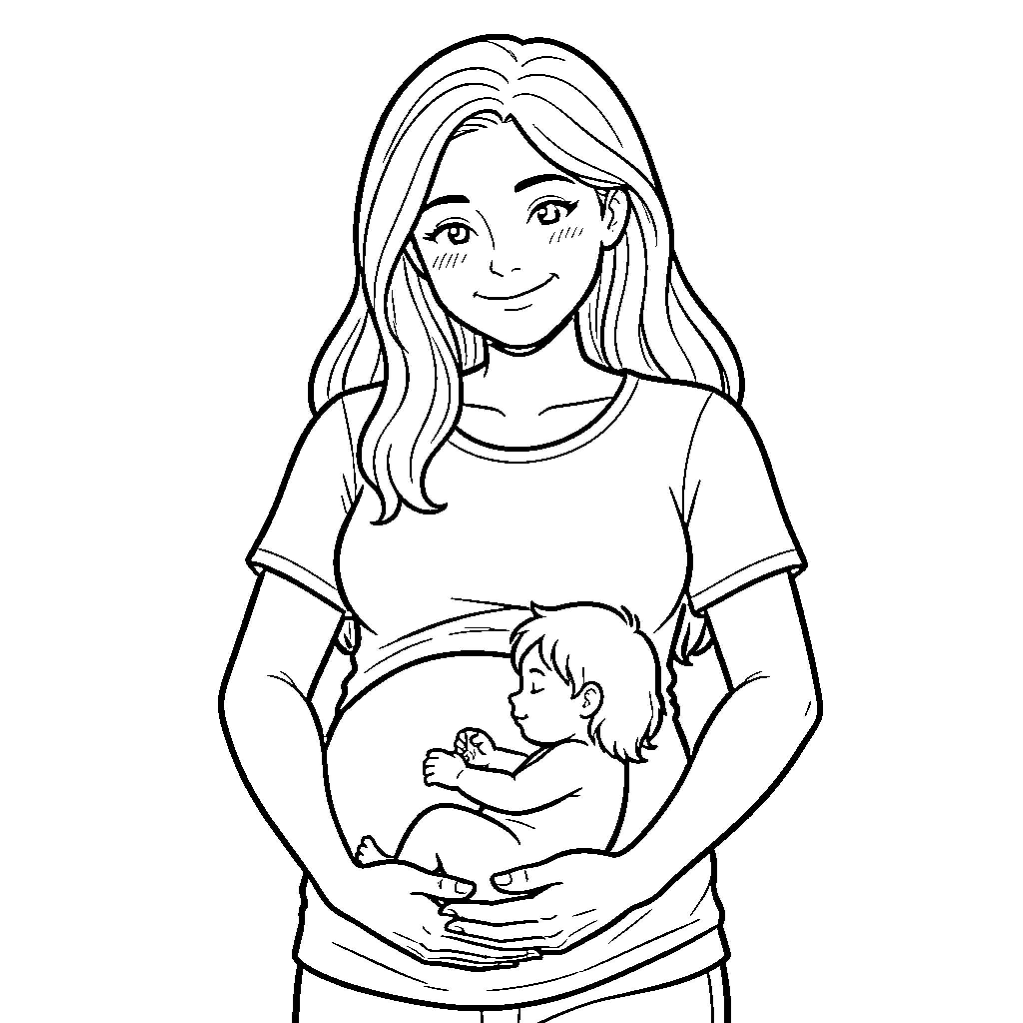 Pregnant Woman smiling while cradling her belly Coloring Page (free black-and-white line drawing printable PDF for all, from beginners to advanced learners, including children, teens, adults, and seniors)