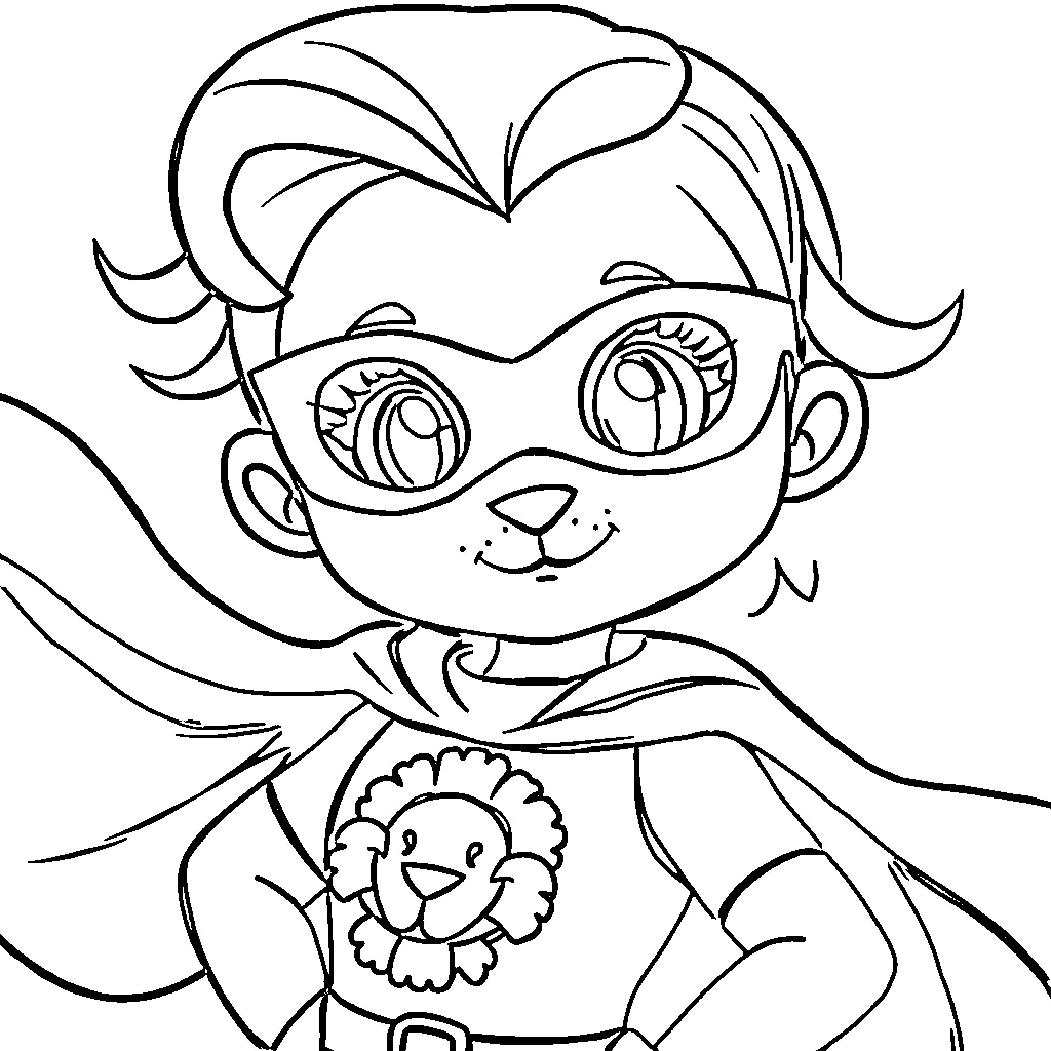 Lion superhero saving the day with a confident smile Coloring Page (free black-and-white line drawing printable PDF for all, from beginners to advanced learners, including children, teens, adults, and seniors)