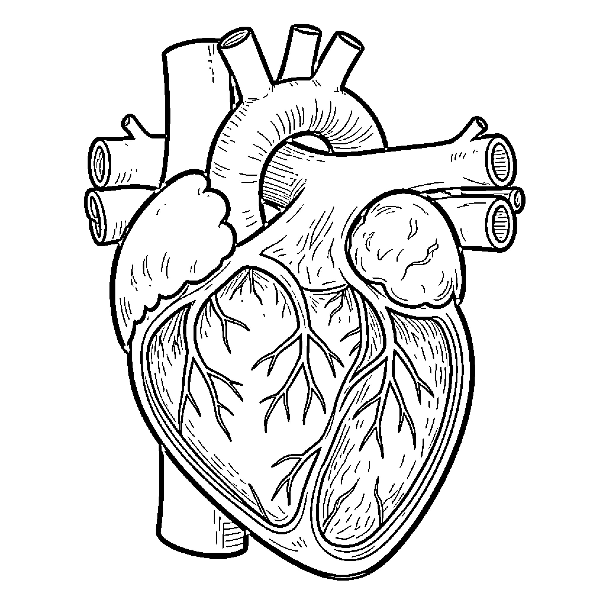 Heart Anatomy Illustration Coloring Page (free black-and-white line drawing printable PDF for all, from beginners to advanced learners, including children, teens, adults, and seniors)