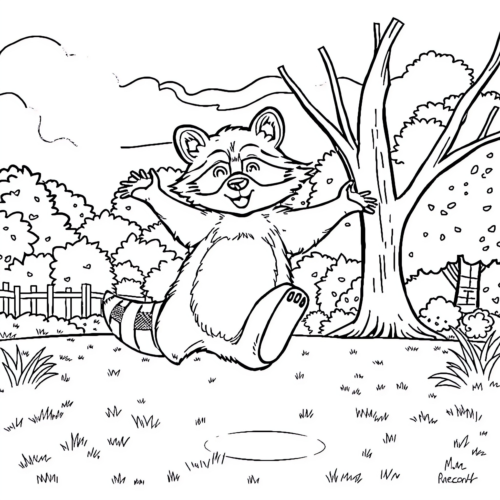 Raccoon enjoying a peaceful day in the forest Coloring Page (free black-and-white line drawing printable PDF for all, from beginners to advanced learners, including children, teens, adults, and seniors)