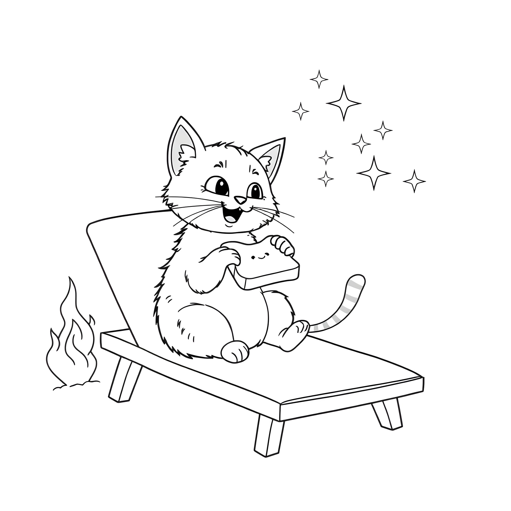 Cat relaxing on a couch with stars Coloring Page (free black-and-white line drawing printable PDF for all, from beginners to advanced learners, including children, teens, adults, and seniors)