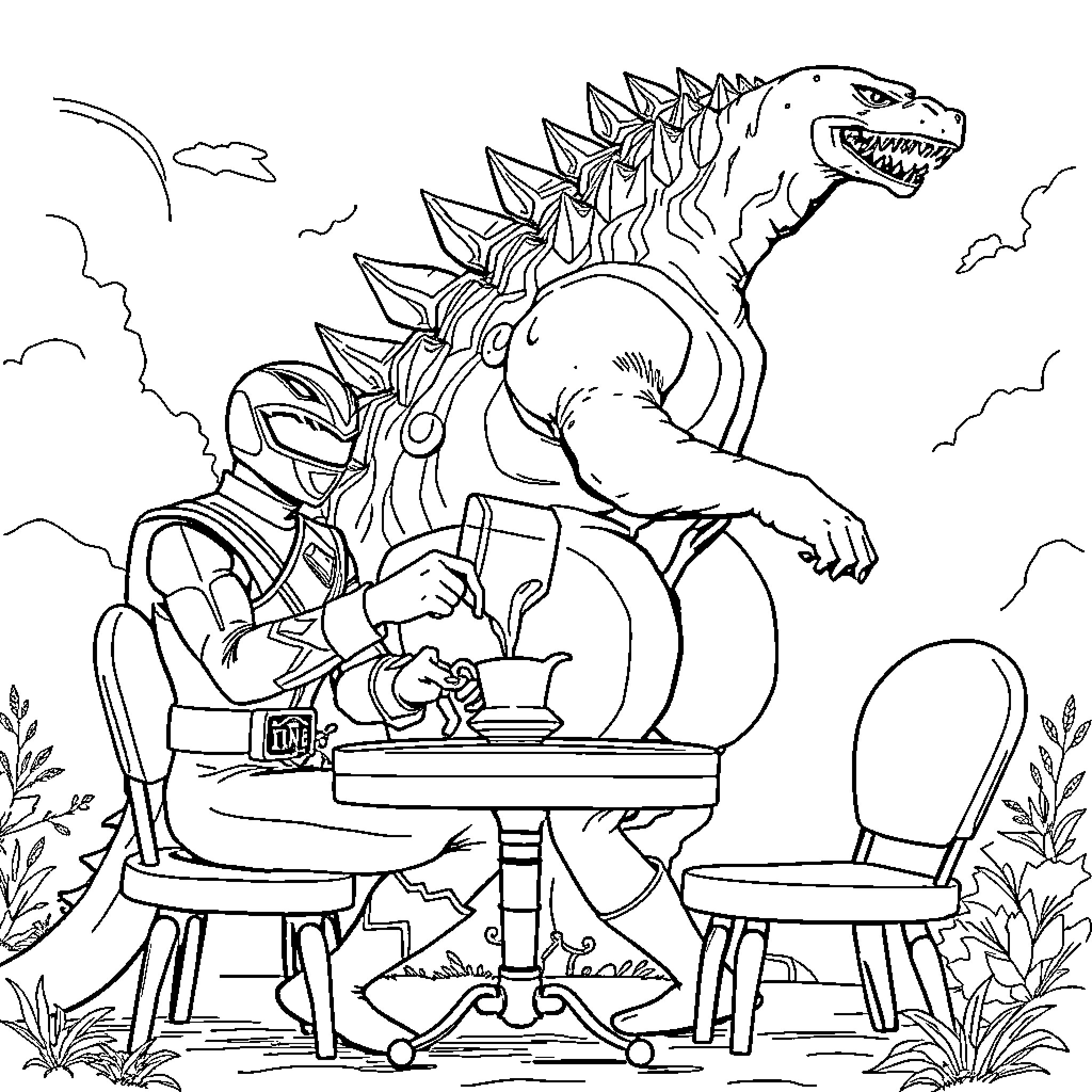 Power Ranger Enjoys Tea Party with Giant Lizard Coloring Page (free black-and-white line drawing printable PDF for all, from beginners to advanced learners, including children, teens, adults, and seniors)