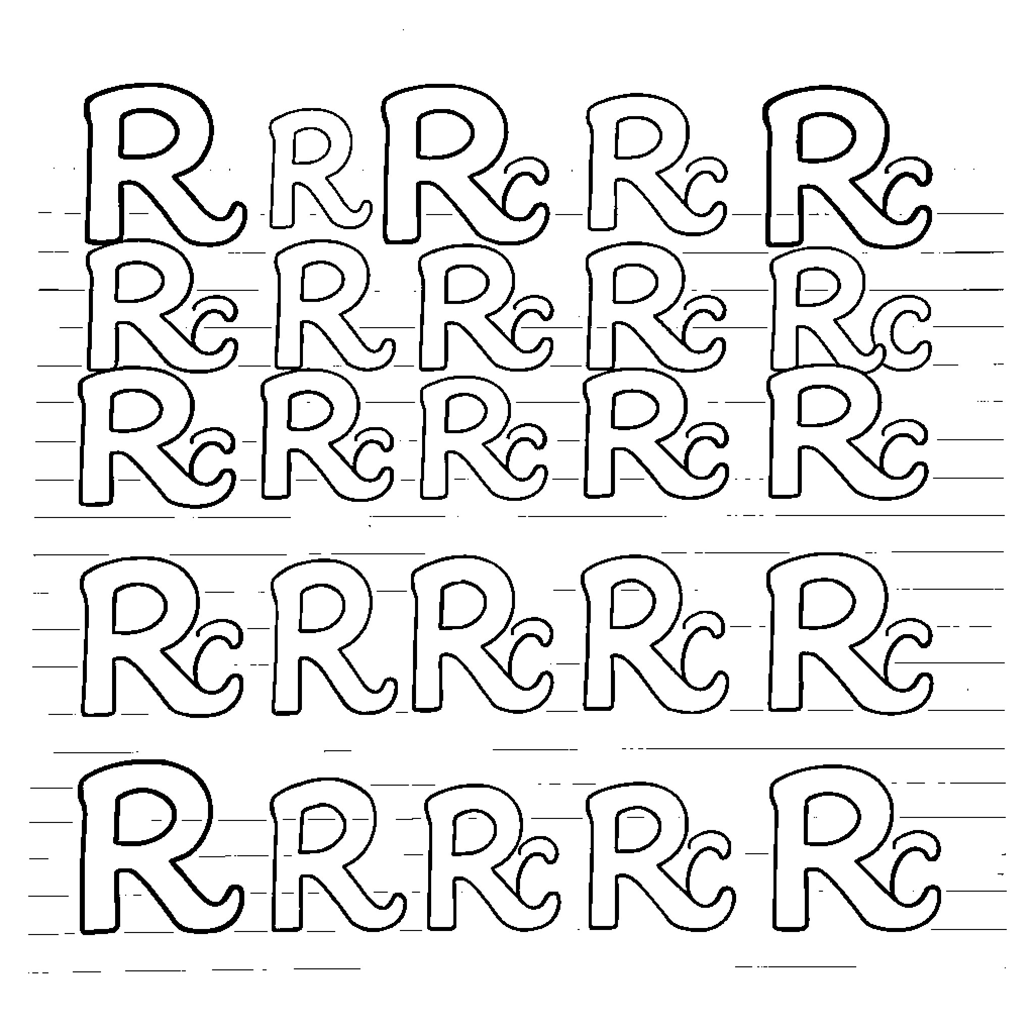 Letter R repeated multiple times Coloring Page (free black-and-white line drawing printable PDF for all, from beginners to advanced learners, including children, teens, adults, and seniors)