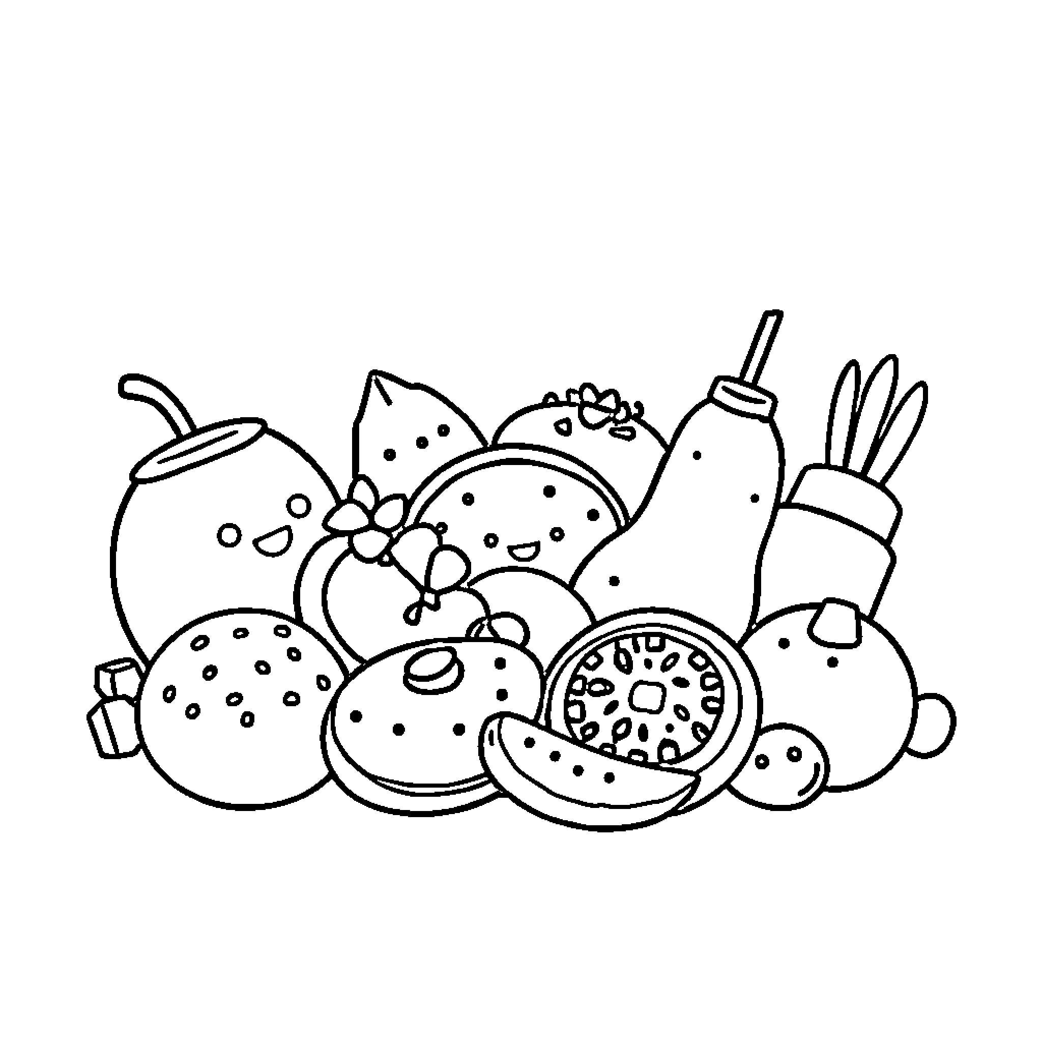 Kawaii Food characters in playful arrangement Coloring Page (free black-and-white line drawing printable PDF for all, from beginners to advanced learners, including children, teens, adults, and seniors)