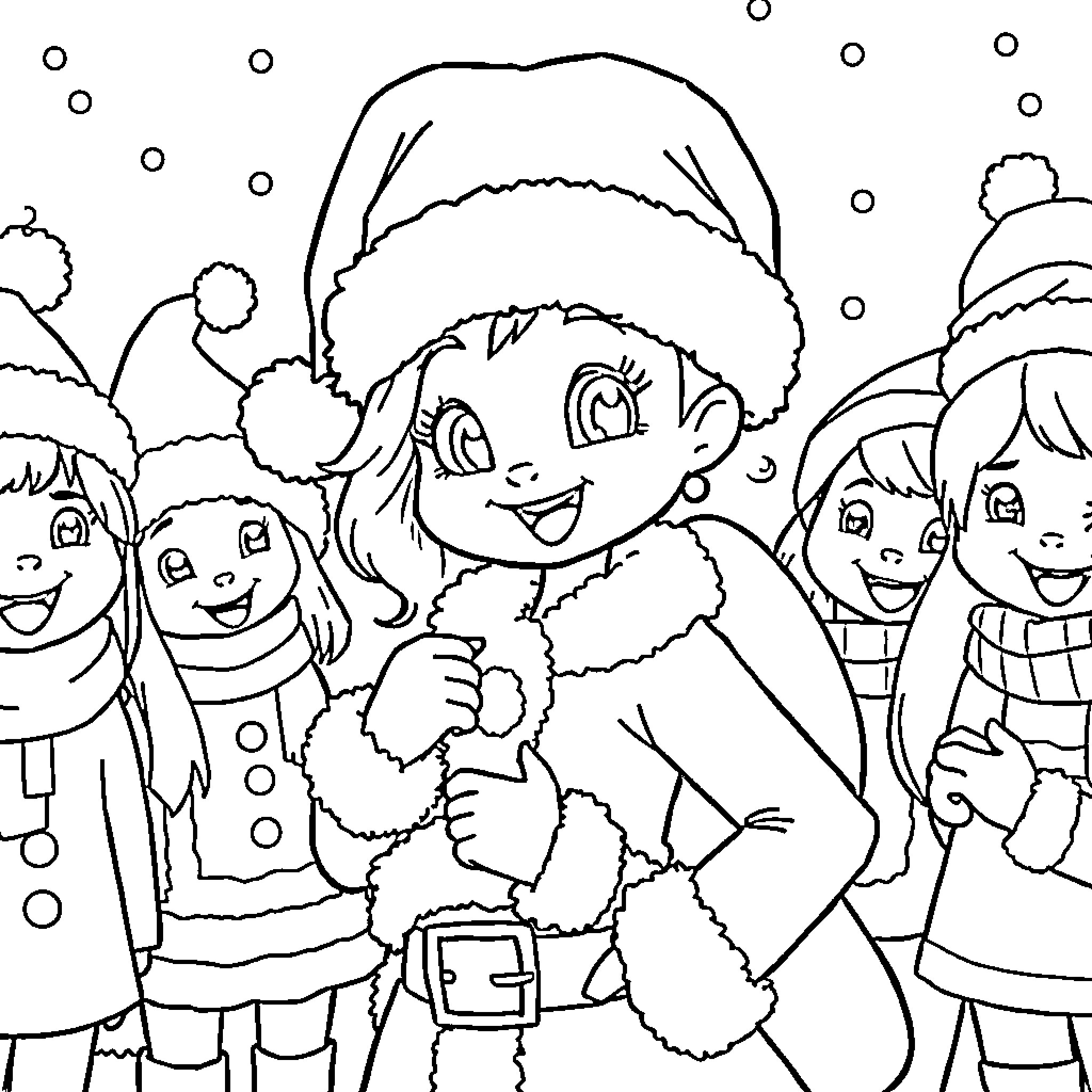 Bluey and friends in winter wonderland Coloring Page (free black-and-white line drawing printable PDF for all, from beginners to advanced learners, including children, teens, adults, and seniors)