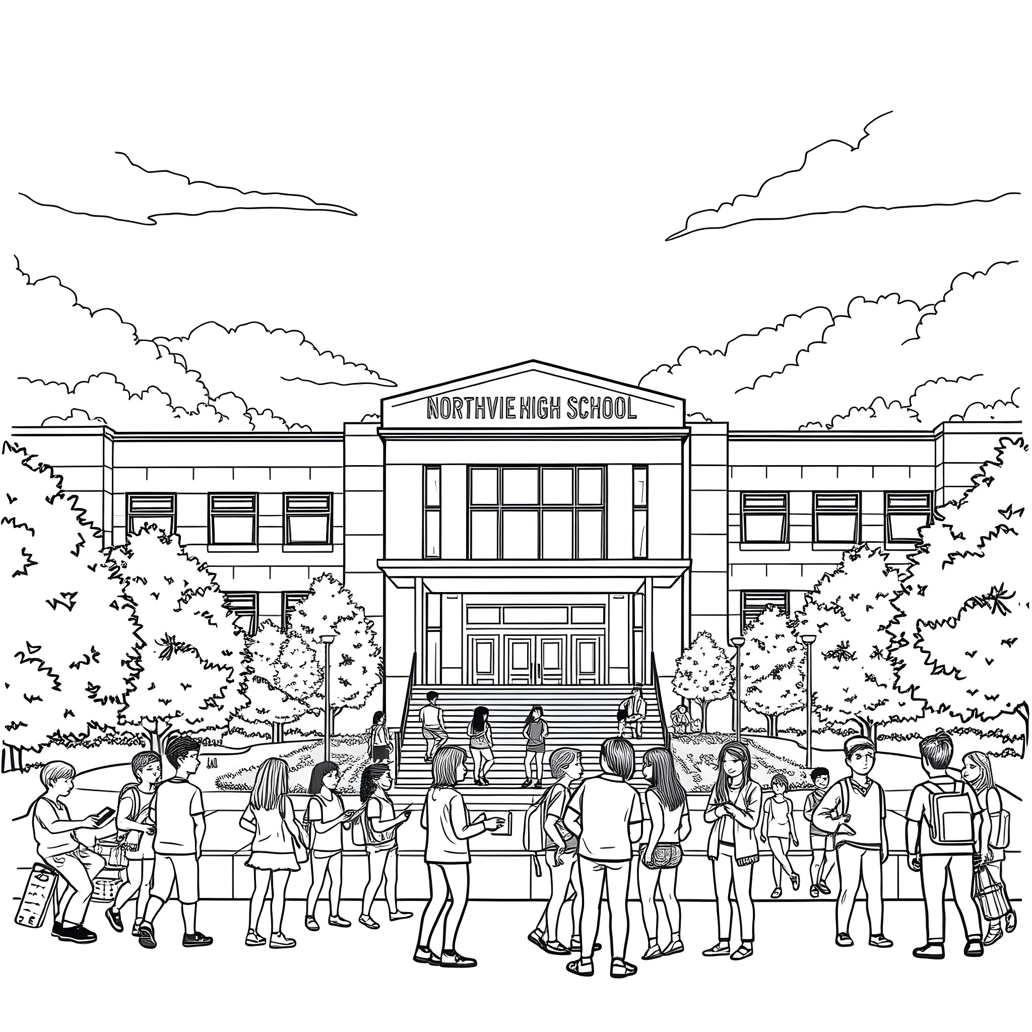 Northview High School students gathered outside the school building Coloring Page (free black-and-white line drawing printable PDF for all, from beginners to advanced learners, including children, teens, adults, and seniors)