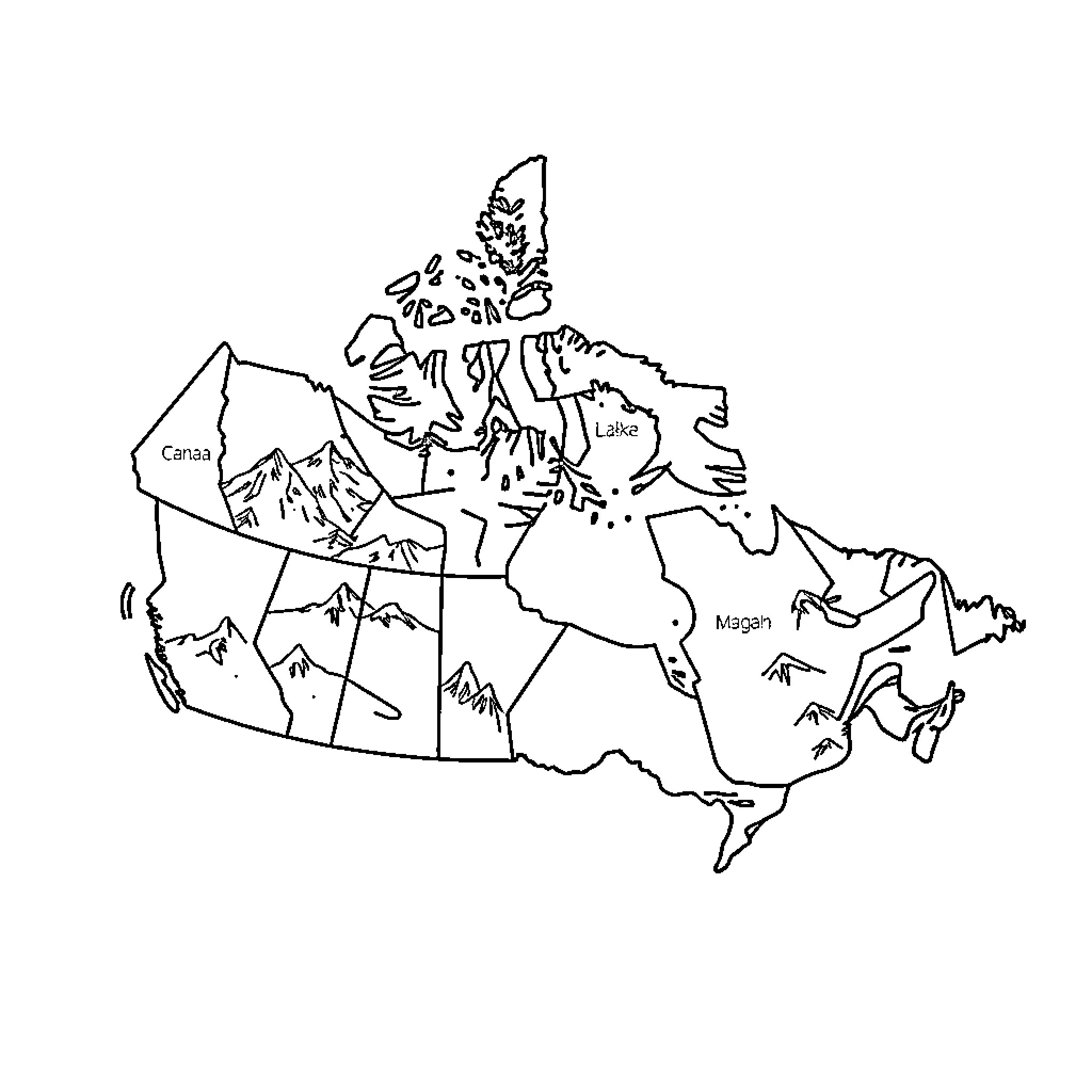 Map of Canada with geographic features Coloring Page (free black-and-white line drawing printable PDF for all, from beginners to advanced learners, including children, teens, adults, and seniors)