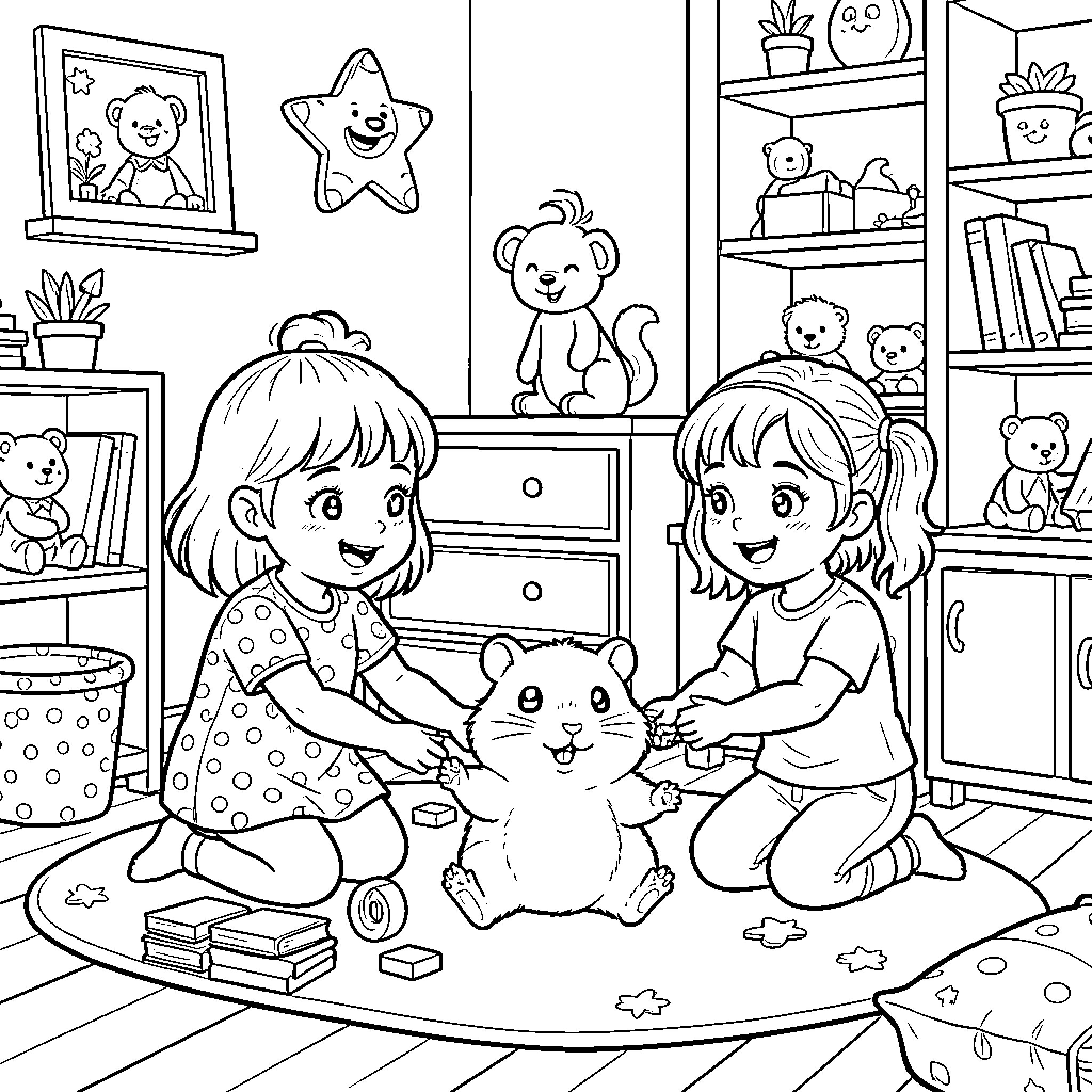 Hamster with happy girls in bedroom Coloring Page (free black-and-white line drawing printable PDF for all, from beginners to advanced learners, including children, teens, adults, and seniors)