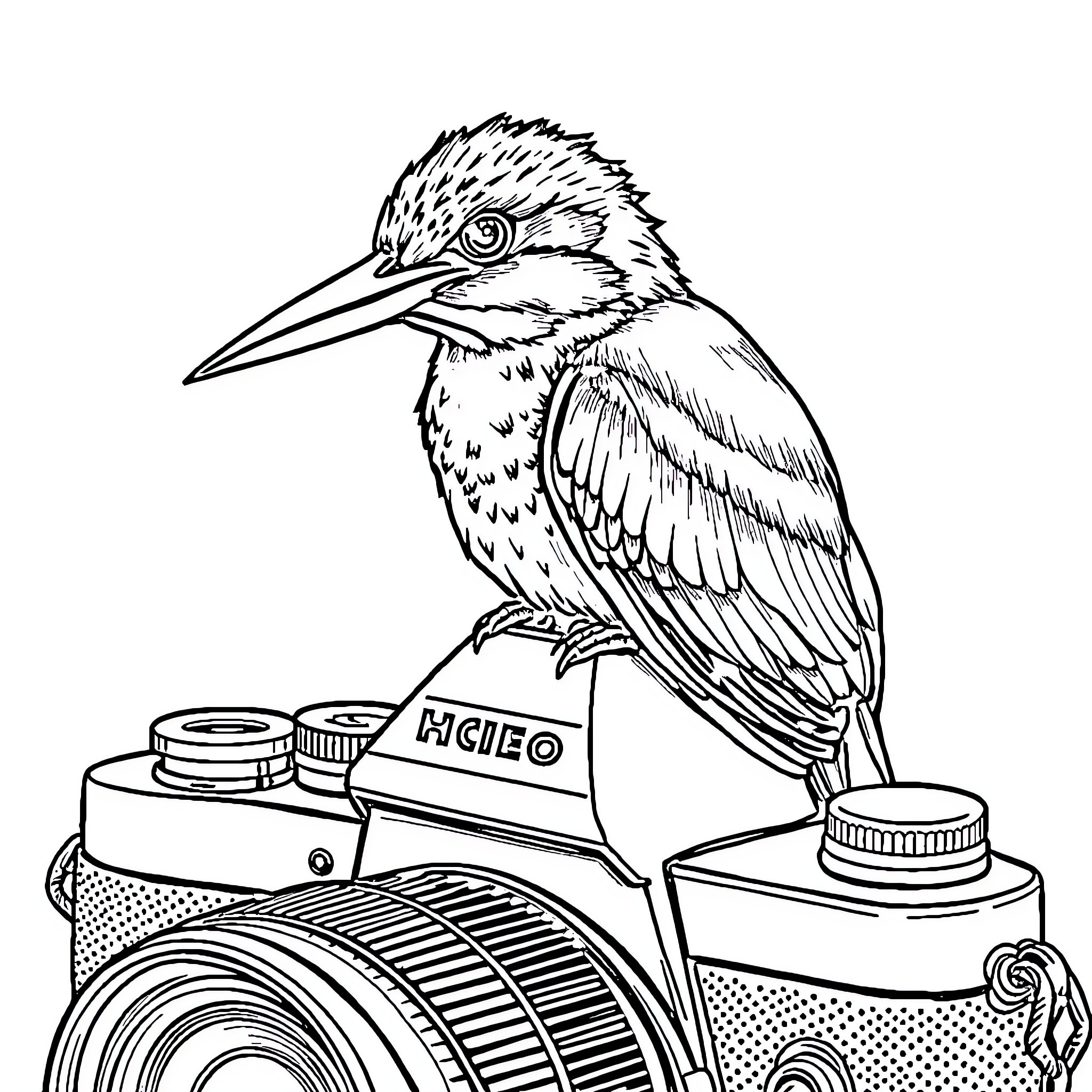 Kingfisher perched on a camera Coloring Page (free black-and-white line drawing printable PDF for all, from beginners to advanced learners, including children, teens, adults, and seniors)