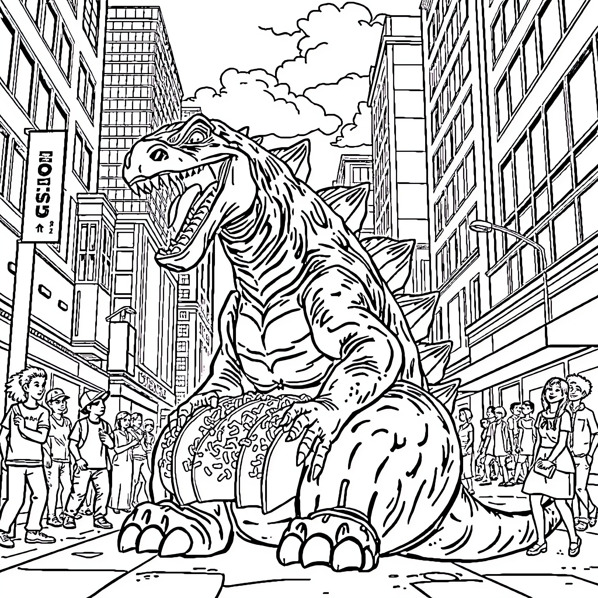 Godzilla rampaging through the city streets Coloring Page (free black-and-white line drawing printable PDF for all, from beginners to advanced learners, including children, teens, adults, and seniors)