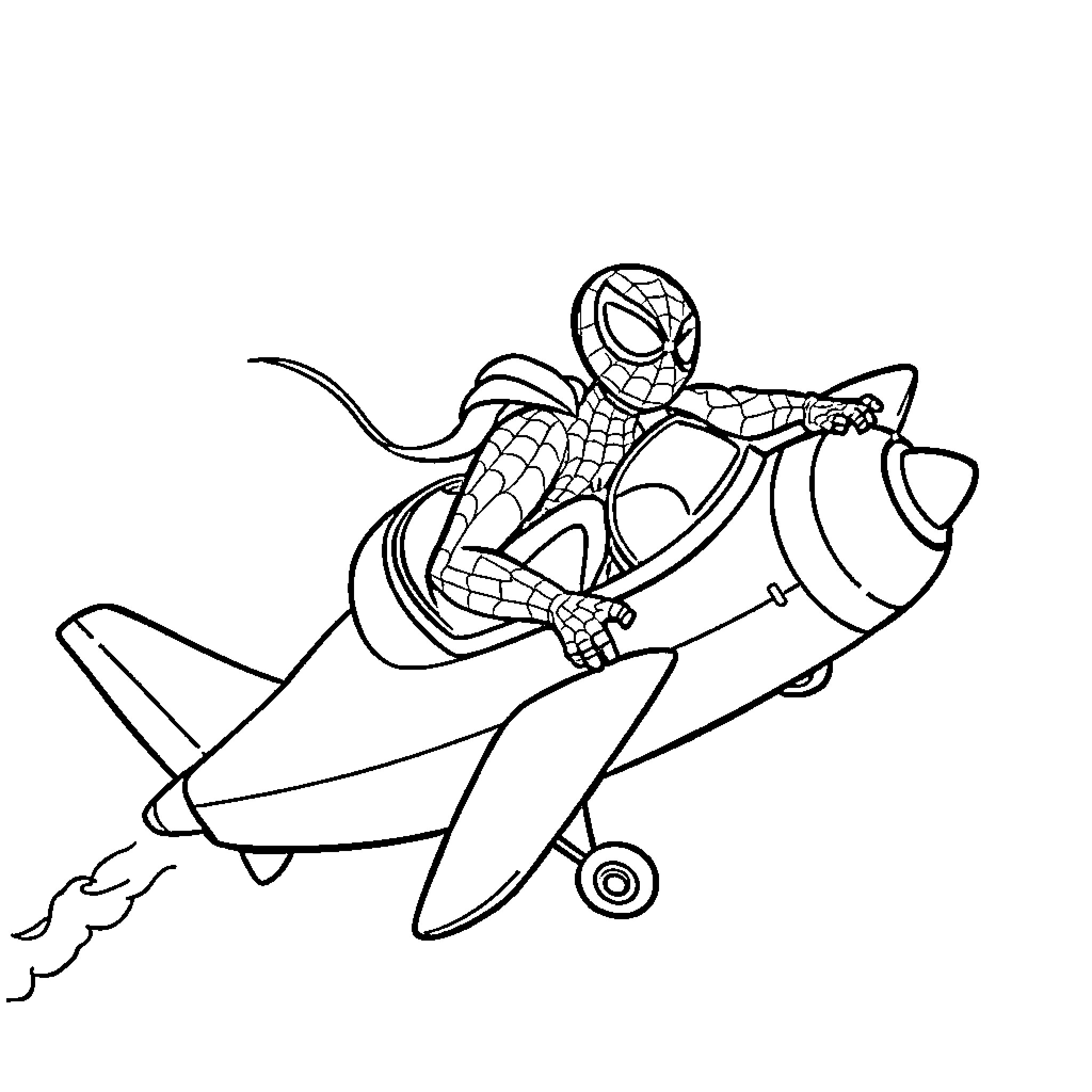 Spidey flies high in a jet-powered vehicle Coloring Page (free black-and-white line drawing printable PDF for all, from beginners to advanced learners, including children, teens, adults, and seniors)