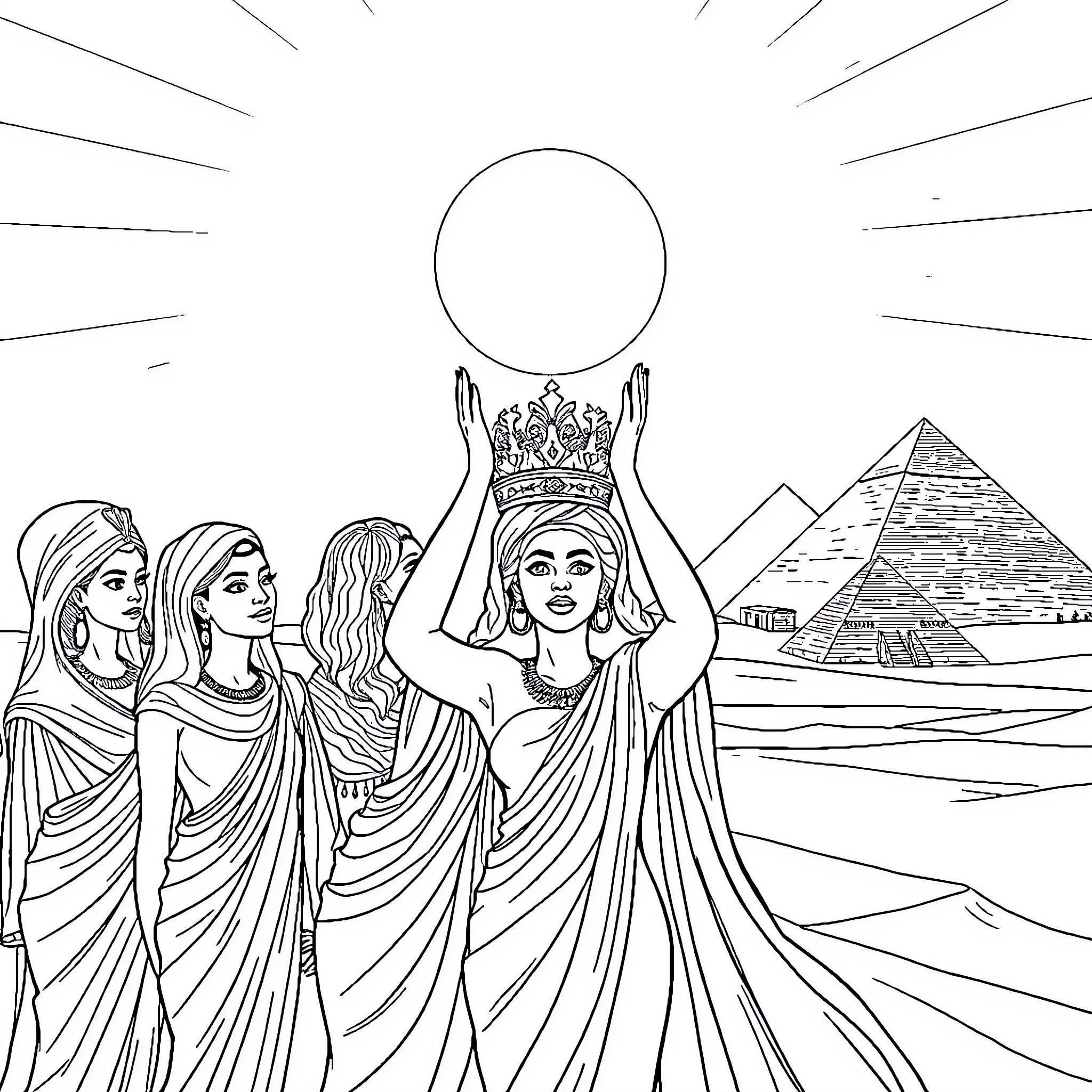 Woman holding crown in ancient Egyptian setting Coloring Page (free black-and-white line drawing printable PDF for all, from beginners to advanced learners, including children, teens, adults, and seniors)
