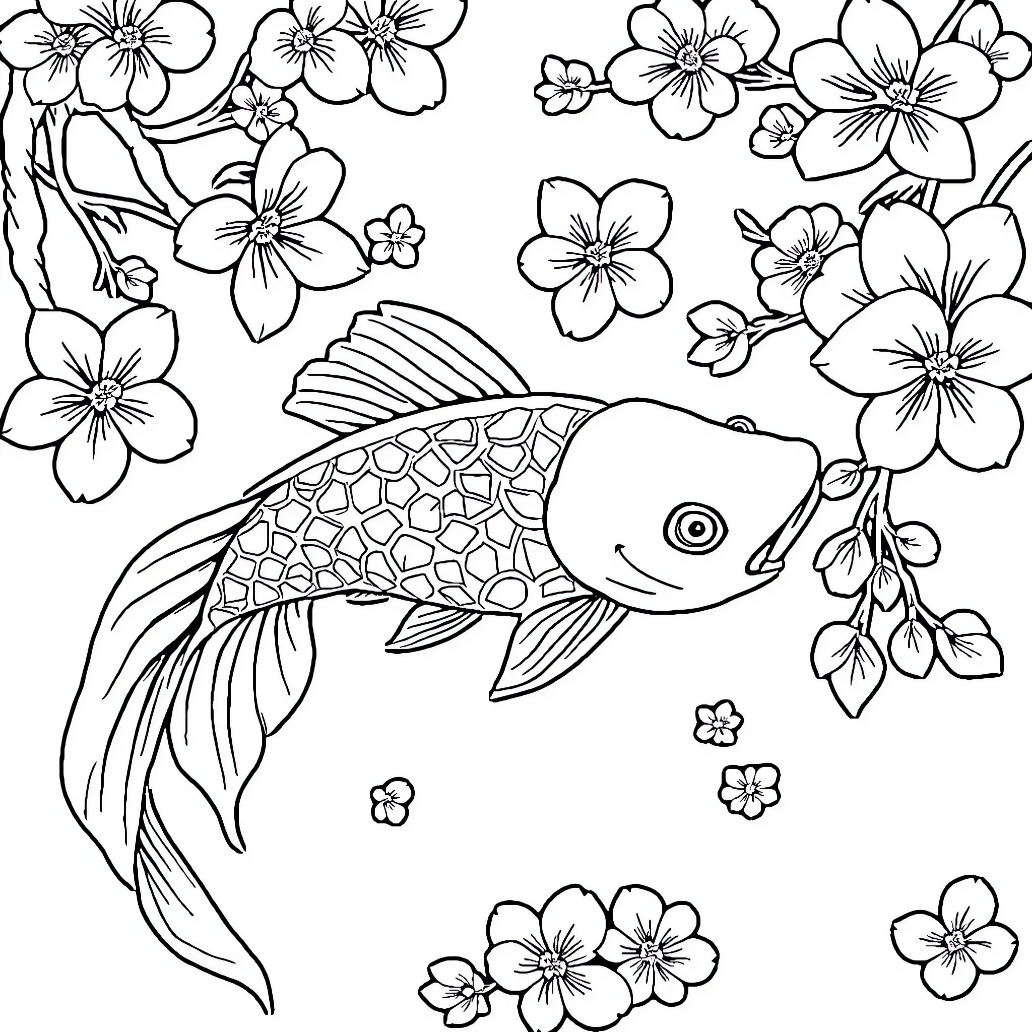 Tattoo of a Fish Surrounded by Flowers Coloring Page (free black-and-white line drawing printable PDF for all, from beginners to advanced learners, including children, teens, adults, and seniors)
