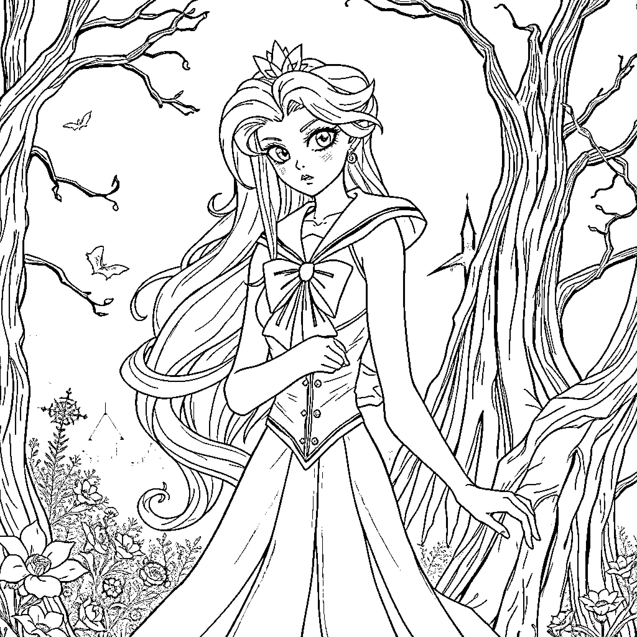 Aurora's Enchanted Forest Adventure Coloring Page (free black-and-white line drawing printable PDF for all, from beginners to advanced learners, including children, teens, adults, and seniors)