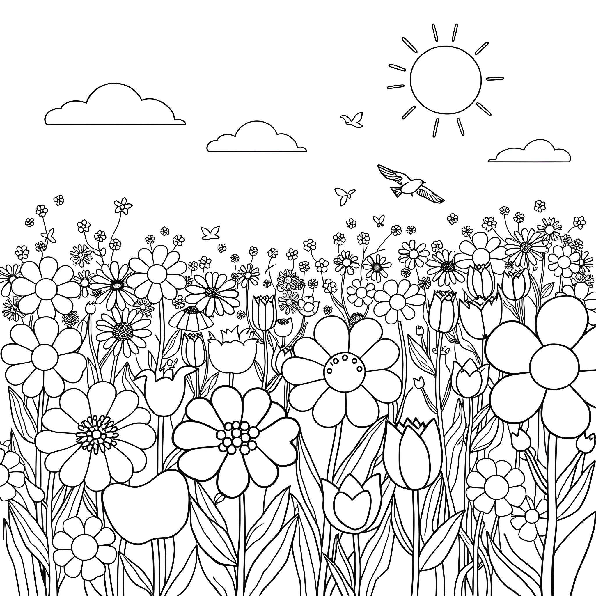 Flower Garden with Dancing Butterflies and Sunshine Coloring Page (free black-and-white line drawing printable PDF for all, from beginners to advanced learners, including children, teens, adults, and seniors)