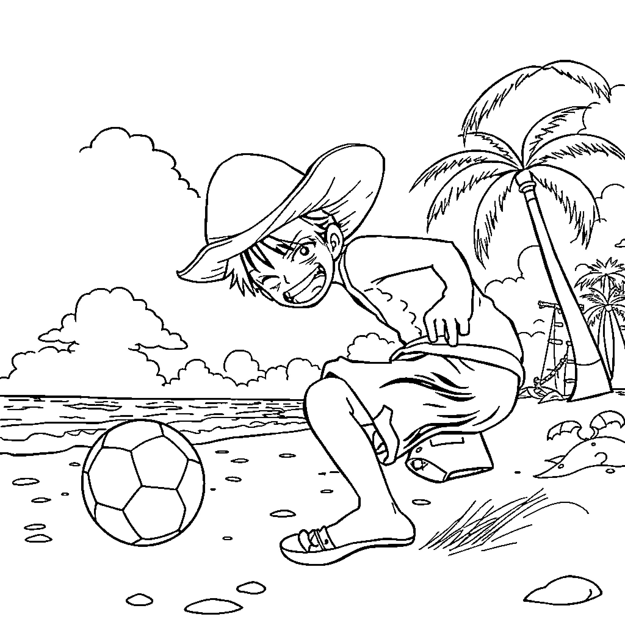 Luffy relaxing on the beach with a soccer ball Coloring Page (free black-and-white line drawing printable PDF for all, from beginners to advanced learners, including children, teens, adults, and seniors)