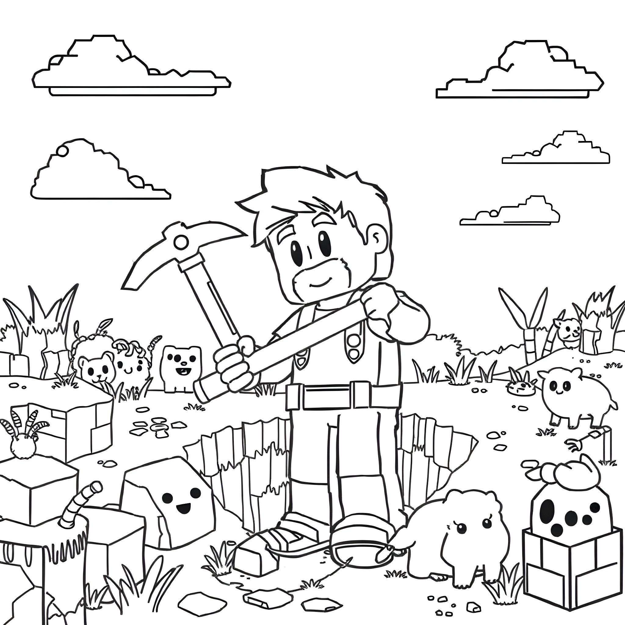 Steve's Adventurous Day in the Outdoors Coloring Page (free black-and-white line drawing printable PDF for all, from beginners to advanced learners, including children, teens, adults, and seniors)