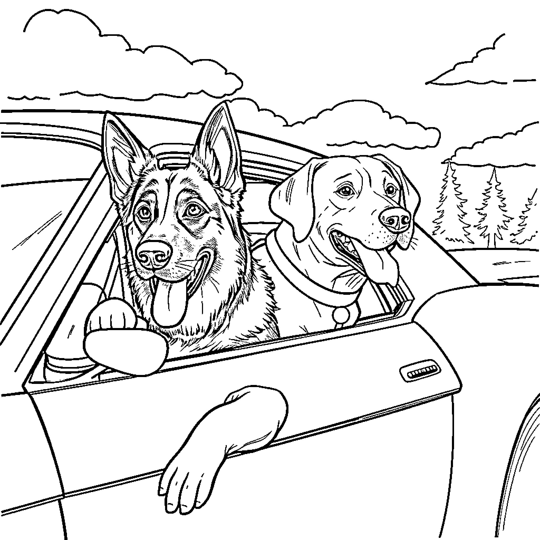 Dog companions on a road trip adventure Coloring Page (free black-and-white line drawing printable PDF for all, from beginners to advanced learners, including children, teens, adults, and seniors)