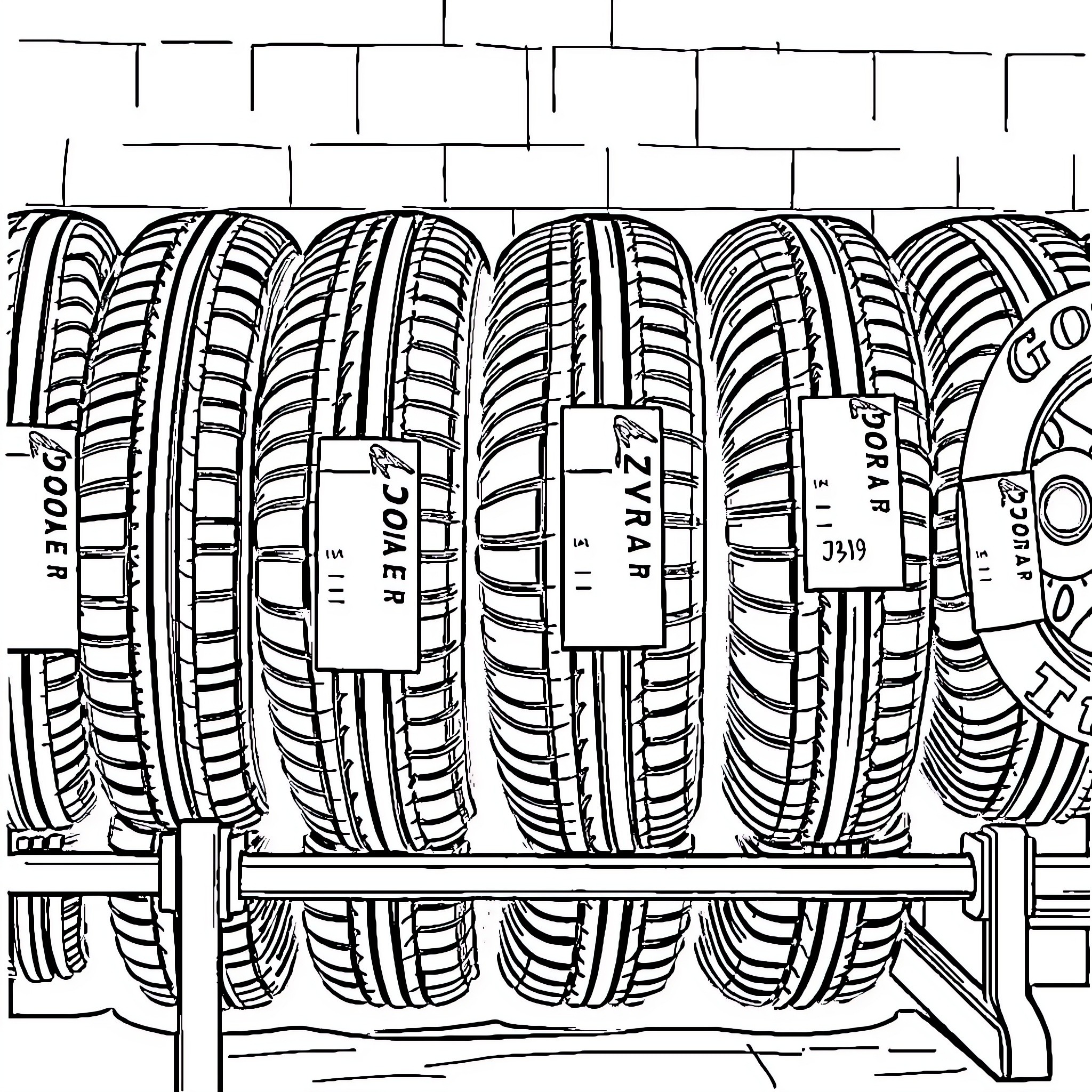 Goodyear Tire display of various tire models Coloring Page (free black-and-white line drawing printable PDF for all, from beginners to advanced learners, including children, teens, adults, and seniors)