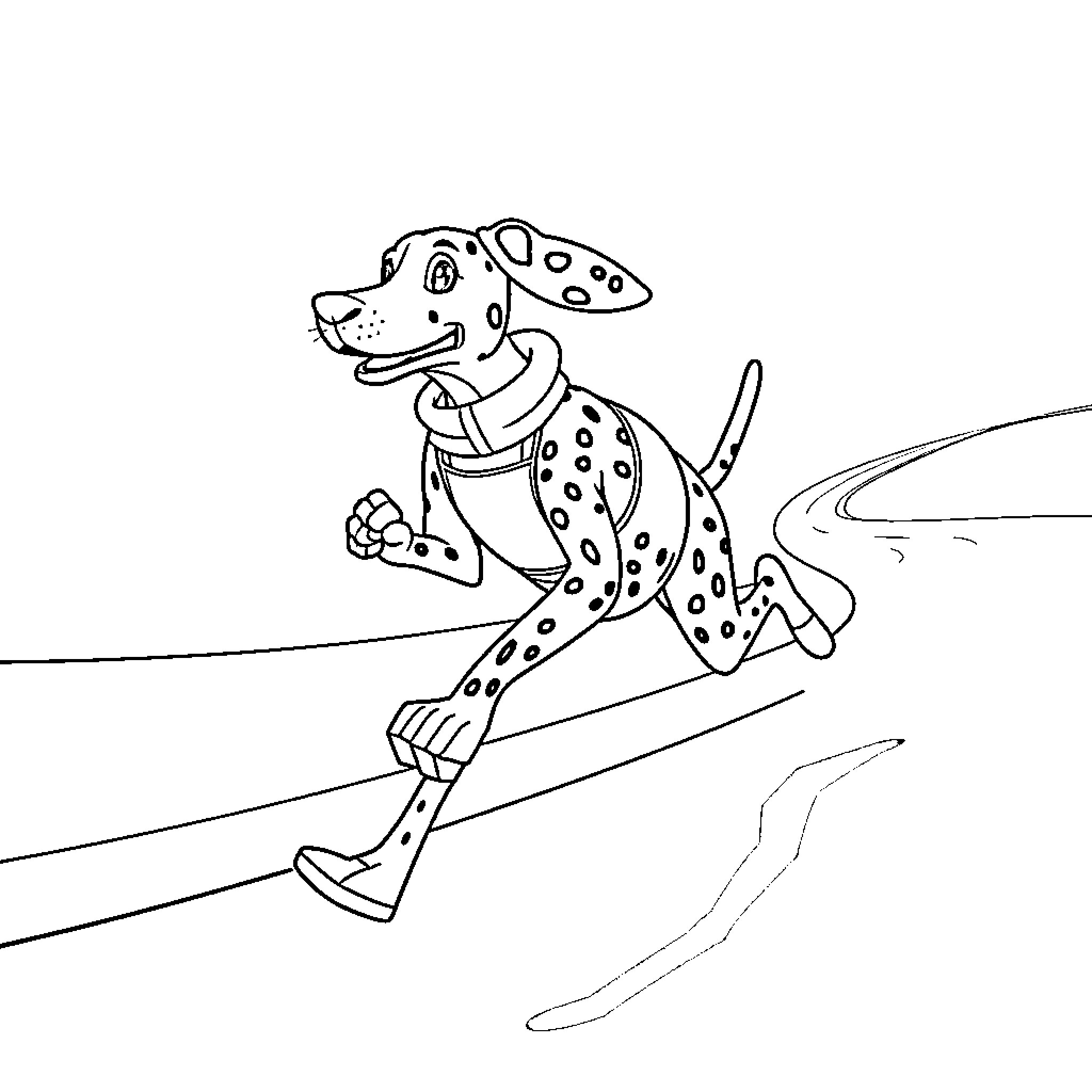 Dalmatian dog running on the road Coloring Page (free black-and-white line drawing printable PDF for all, from beginners to advanced learners, including children, teens, adults, and seniors)