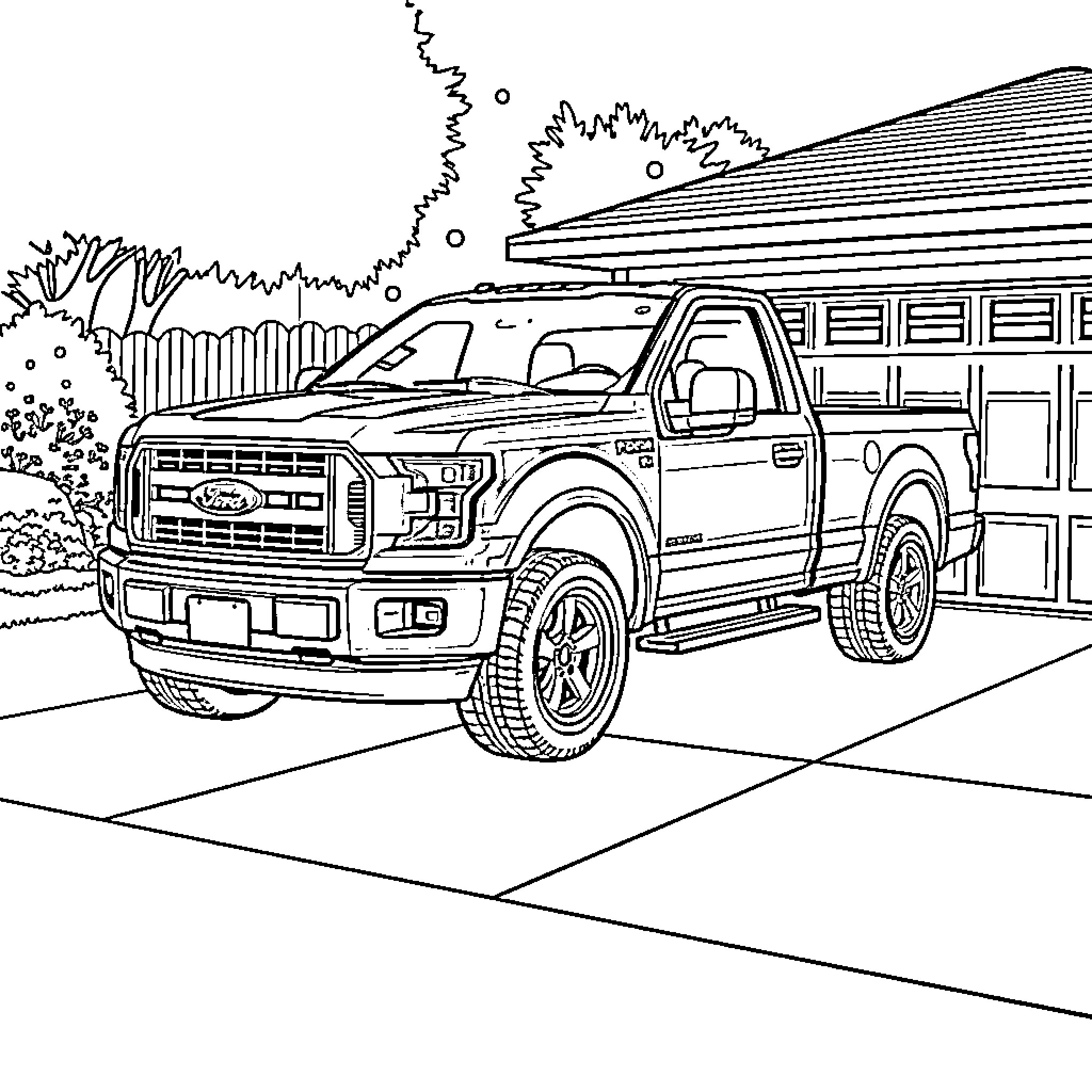 Ford Truck parked in front of a building Coloring Page (free black-and-white line drawing printable PDF for all, from beginners to advanced learners, including children, teens, adults, and seniors)