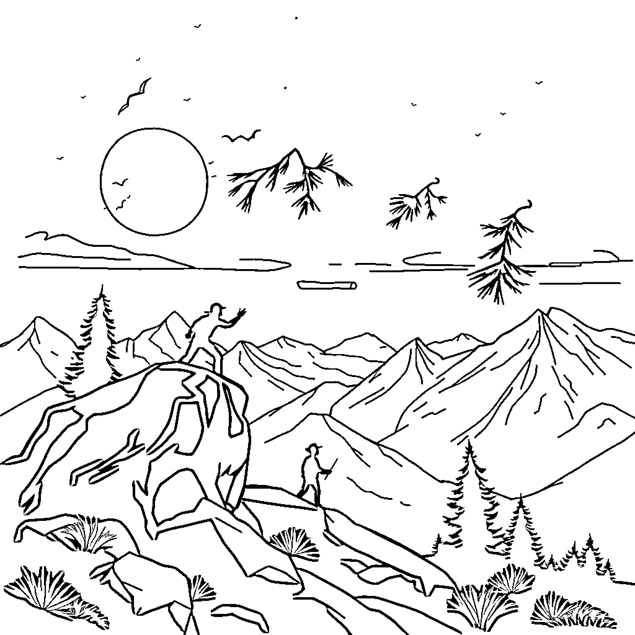 HUNTR/X Mountainous wilderness with running animal Coloring Page (free black-and-white line drawing printable PDF for all, from beginners to advanced learners, including children, teens, adults, and seniors)