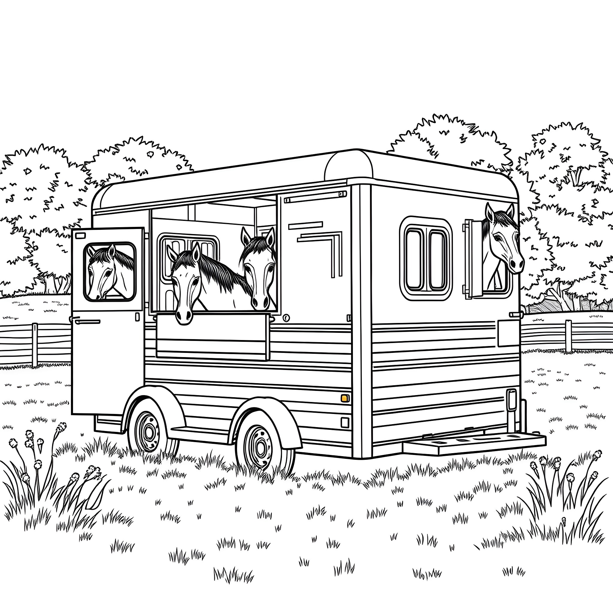 Horse Trailer Transporting Horses in the Countryside Coloring Page (free black-and-white line drawing printable PDF for all, from beginners to advanced learners, including children, teens, adults, and seniors)