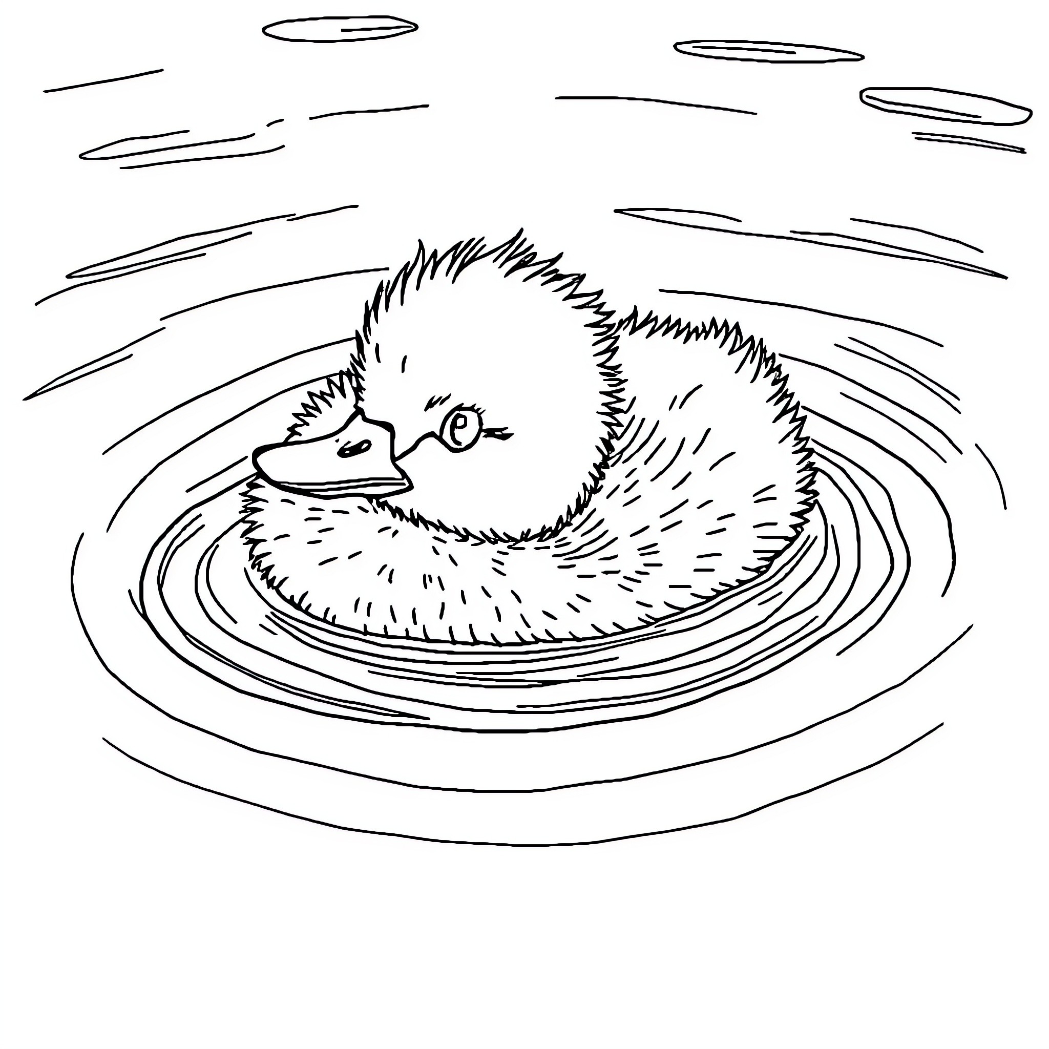 Duckling swimming peacefully in a pond Coloring Page (free black-and-white line drawing printable PDF for all, from beginners to advanced learners, including children, teens, adults, and seniors)
