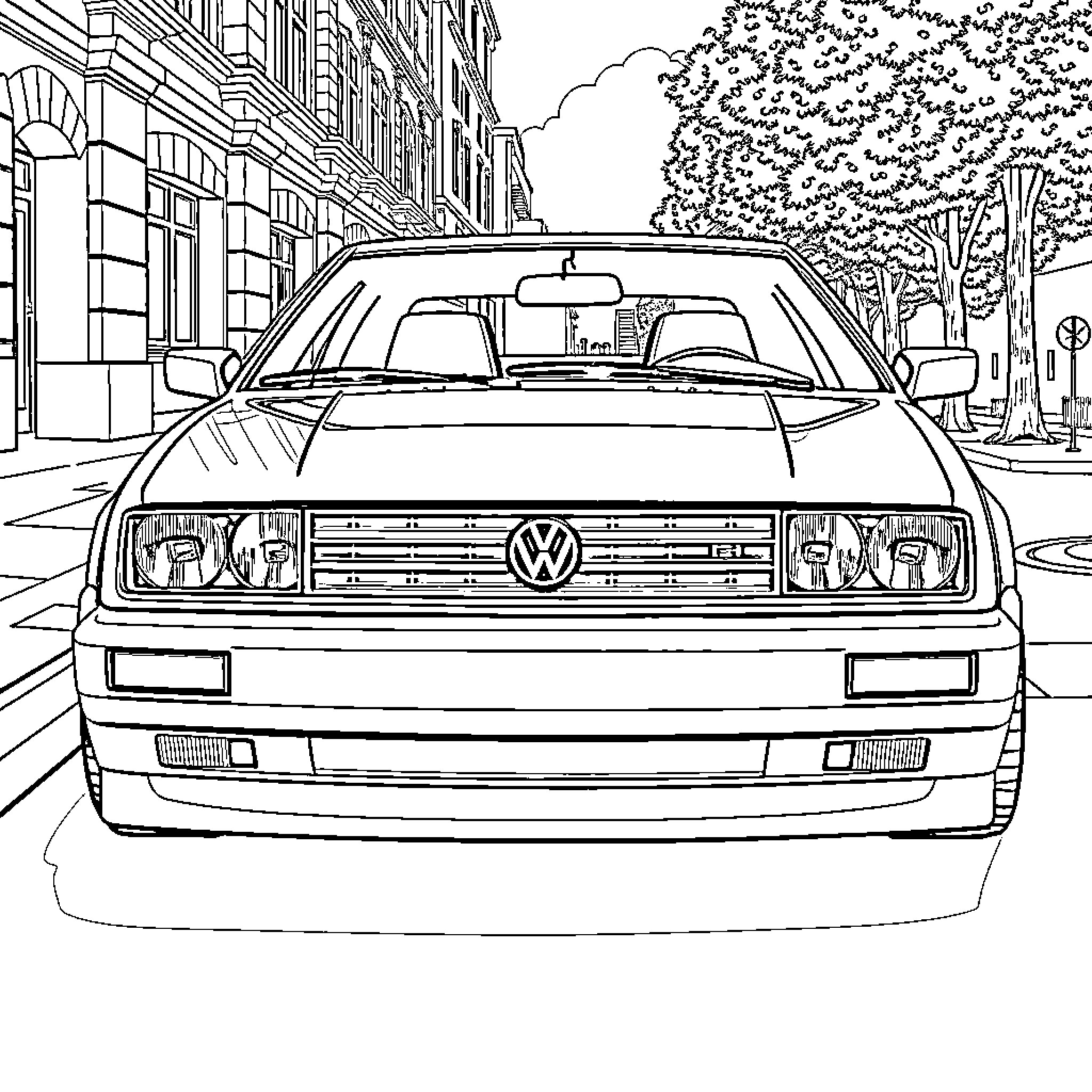 Volkswagen Parked on City Street Coloring Page (free black-and-white line drawing printable PDF for all, from beginners to advanced learners, including children, teens, adults, and seniors)