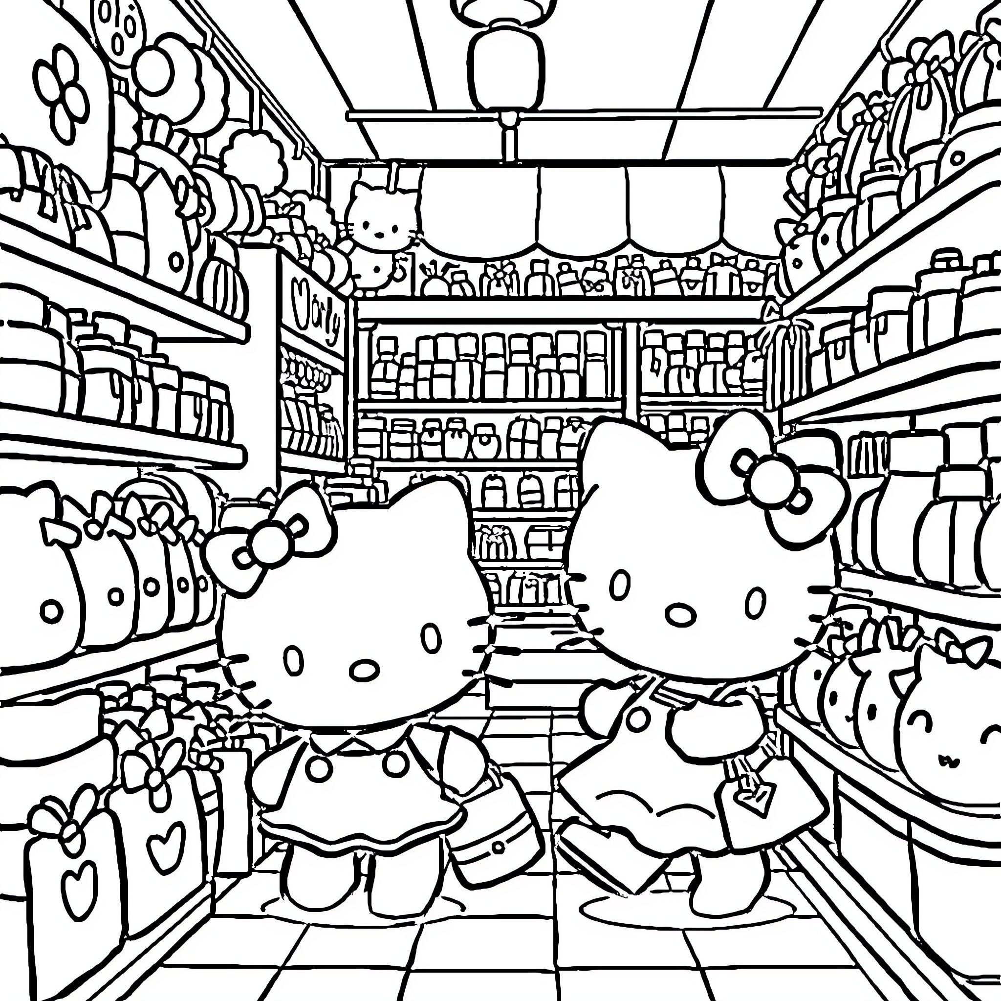 Hello Kitty's Magical Shopping Adventure Coloring Page (free black-and-white line drawing printable PDF for all, from beginners to advanced learners, including children, teens, adults, and seniors)