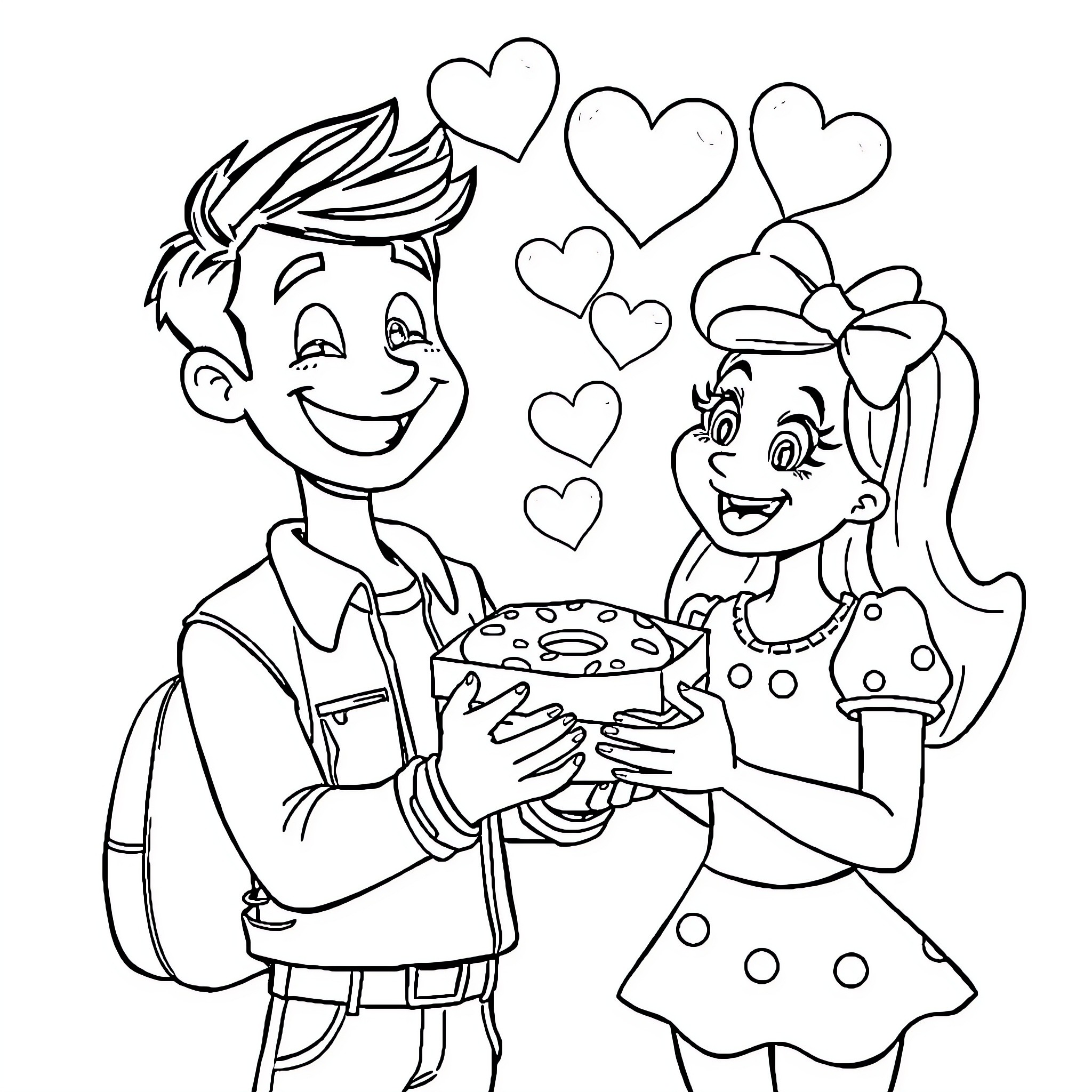 Donut Shared with a Loving Partner Coloring Page (free black-and-white line drawing printable PDF for all, from beginners to advanced learners, including children, teens, adults, and seniors)