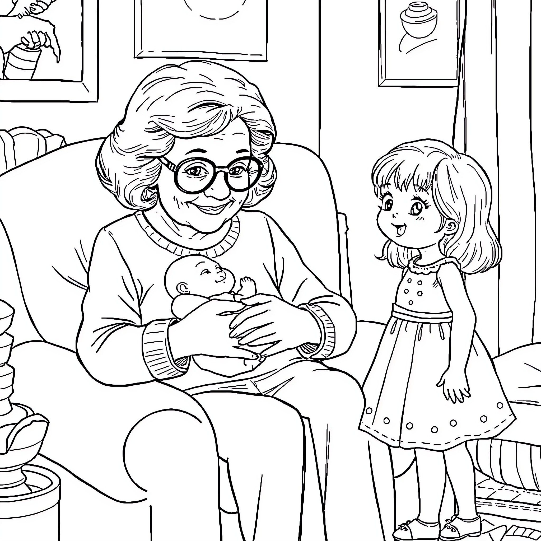 Woman cherishing a young child with a caring expression Coloring Page (free black-and-white line drawing printable PDF for all, from beginners to advanced learners, including children, teens, adults, and seniors)