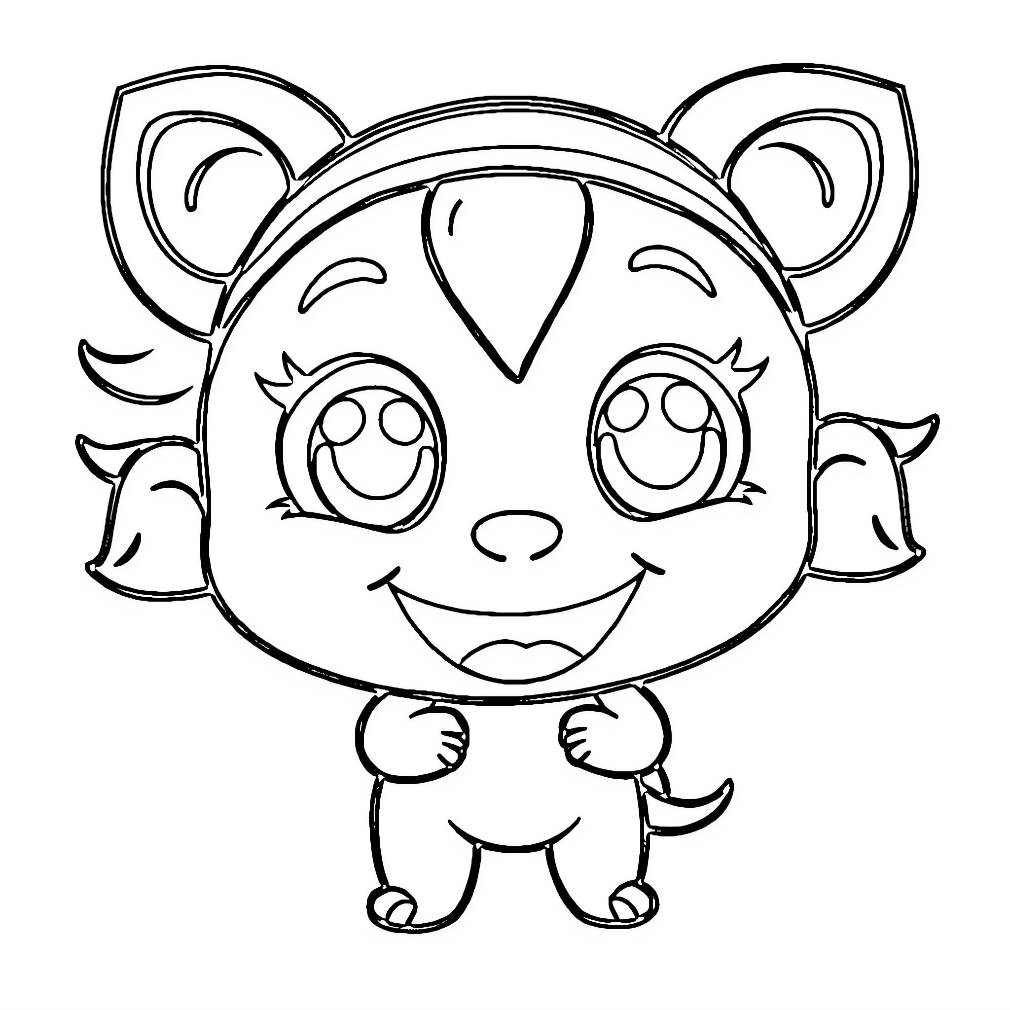 Chibi Smiling Cartoon Animal with Expressive Eyes Coloring Page (free black-and-white line drawing printable PDF for all, from beginners to advanced learners, including children, teens, adults, and seniors)