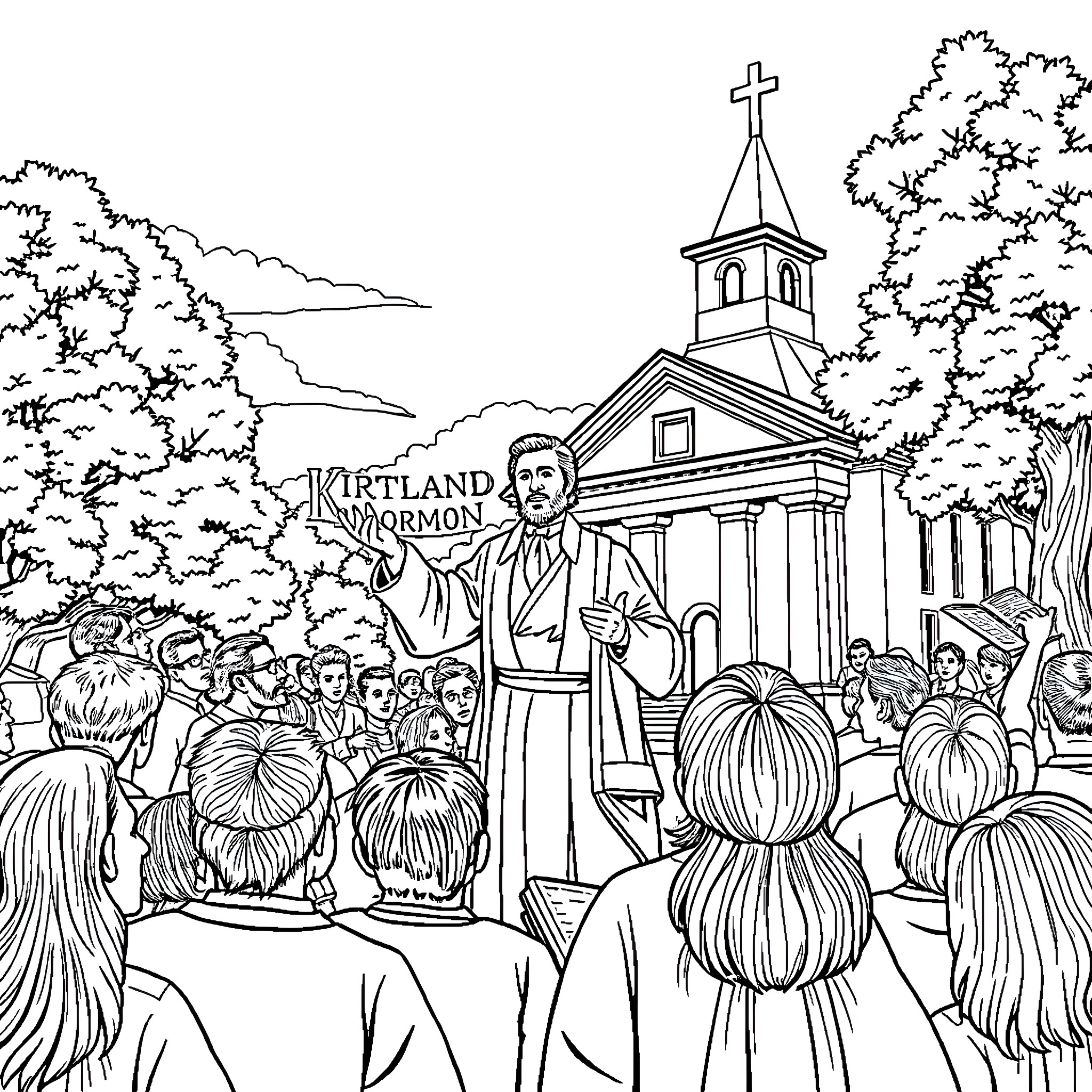 Joseph Smith Addressing Followers in Kirtland, Ohio Coloring Page (free black-and-white line drawing printable PDF for all, from beginners to advanced learners, including children, teens, adults, and seniors)