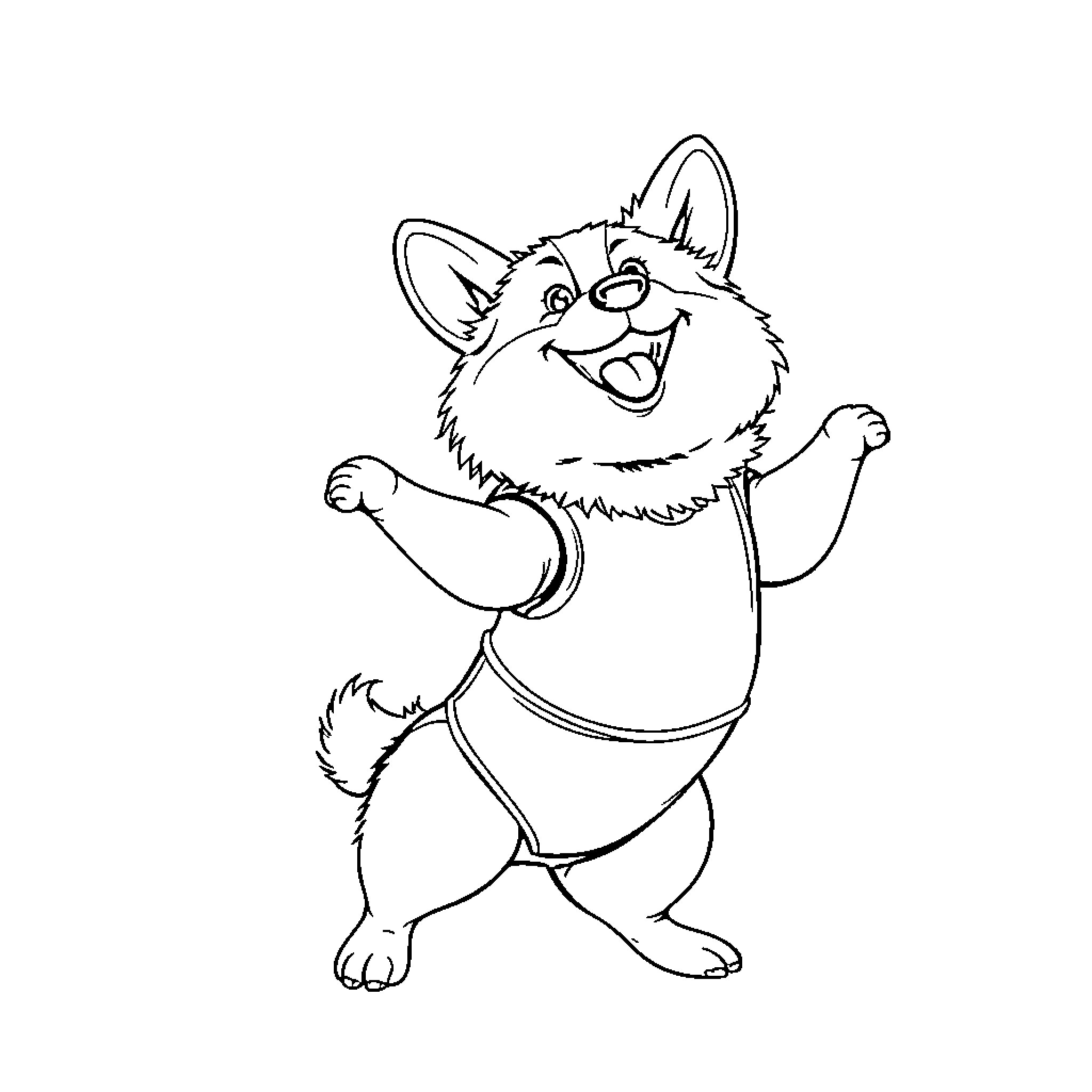 Corgi dog joyfully playing and dancing Coloring Page (free black-and-white line drawing printable PDF for all, from beginners to advanced learners, including children, teens, adults, and seniors)