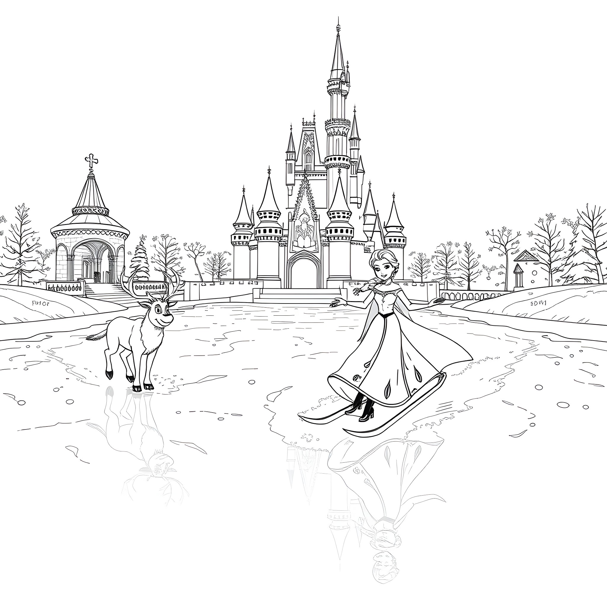 Elsa's Magical Winter Adventure at the Enchanted Castle Coloring Page (free black-and-white line drawing printable PDF for all, from beginners to advanced learners, including children, teens, adults, and seniors)