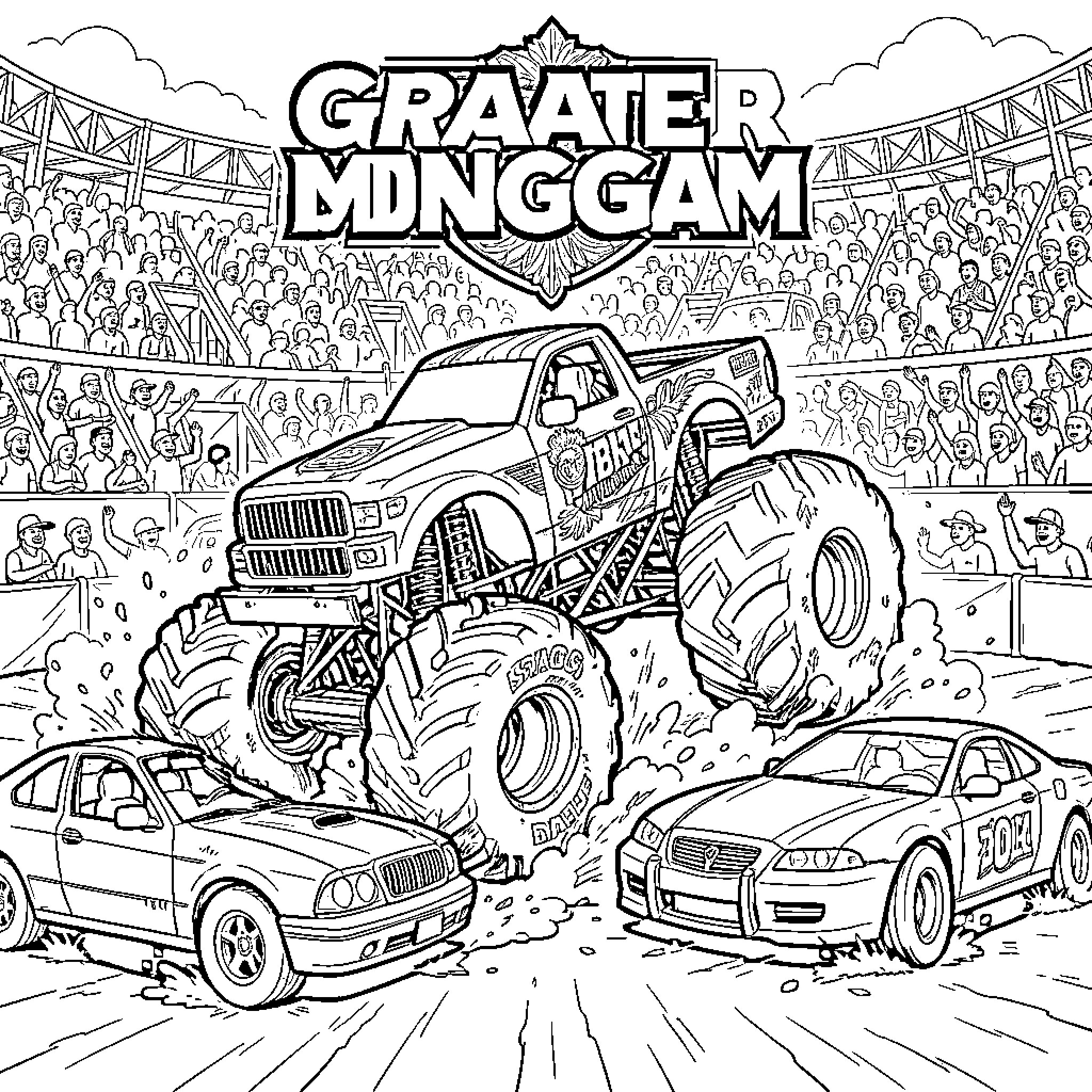 Monster Truck Mayhem in the Stadium Coloring Page (free black-and-white line drawing printable PDF for all, from beginners to advanced learners, including children, teens, adults, and seniors)