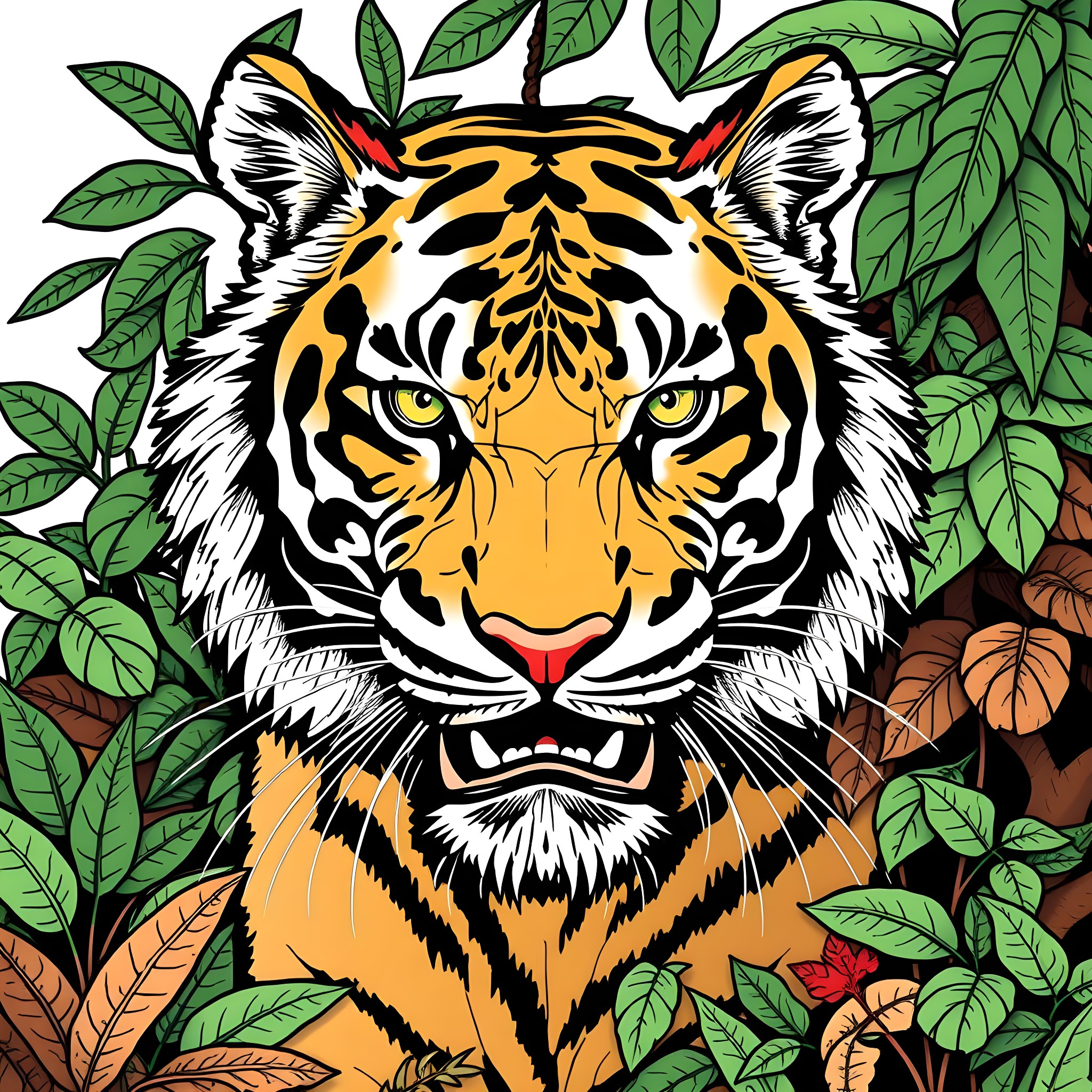 Tiger Peering Through Lush Jungle Foliage Coloring Page (free black-and-white line drawing printable PDF for all, from beginners to advanced learners, including children, teens, adults, and seniors)