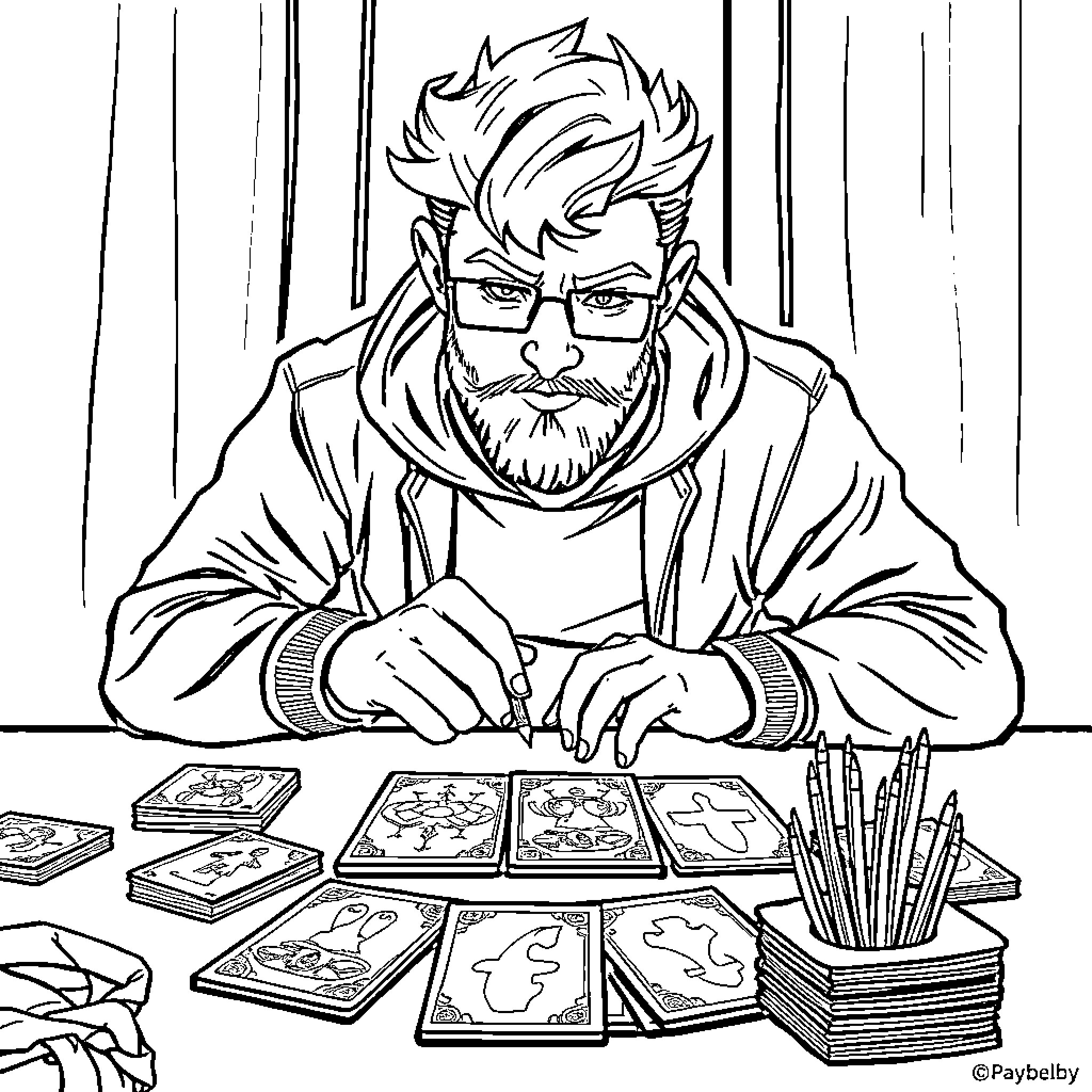 Paymoneywubby intently studying tabletop game pieces Coloring Page (free black-and-white line drawing printable PDF for all, from beginners to advanced learners, including children, teens, adults, and seniors)