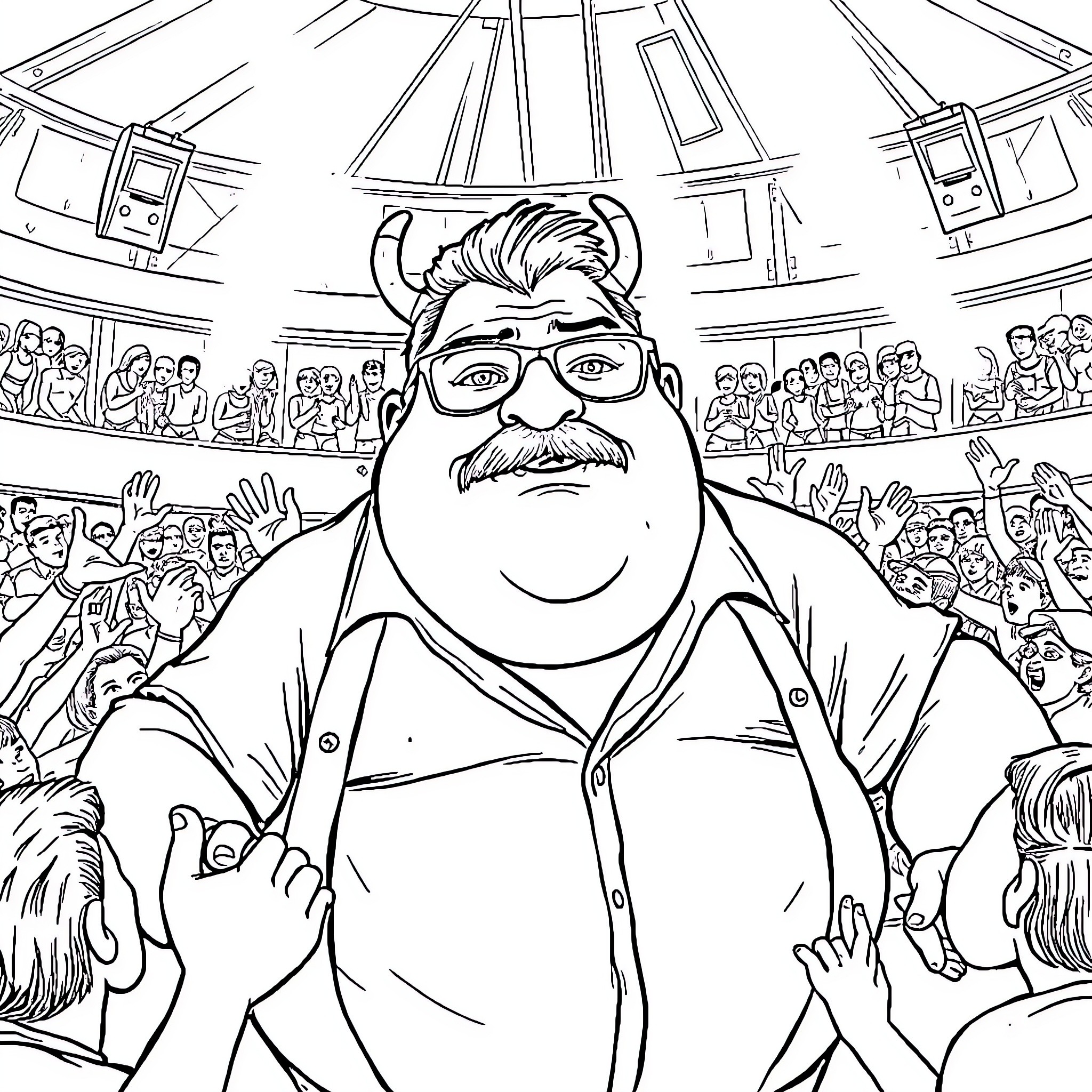 Man hosting popular television show in front of audience Coloring Page (free black-and-white line drawing printable PDF for all, from beginners to advanced learners, including children, teens, adults, and seniors)