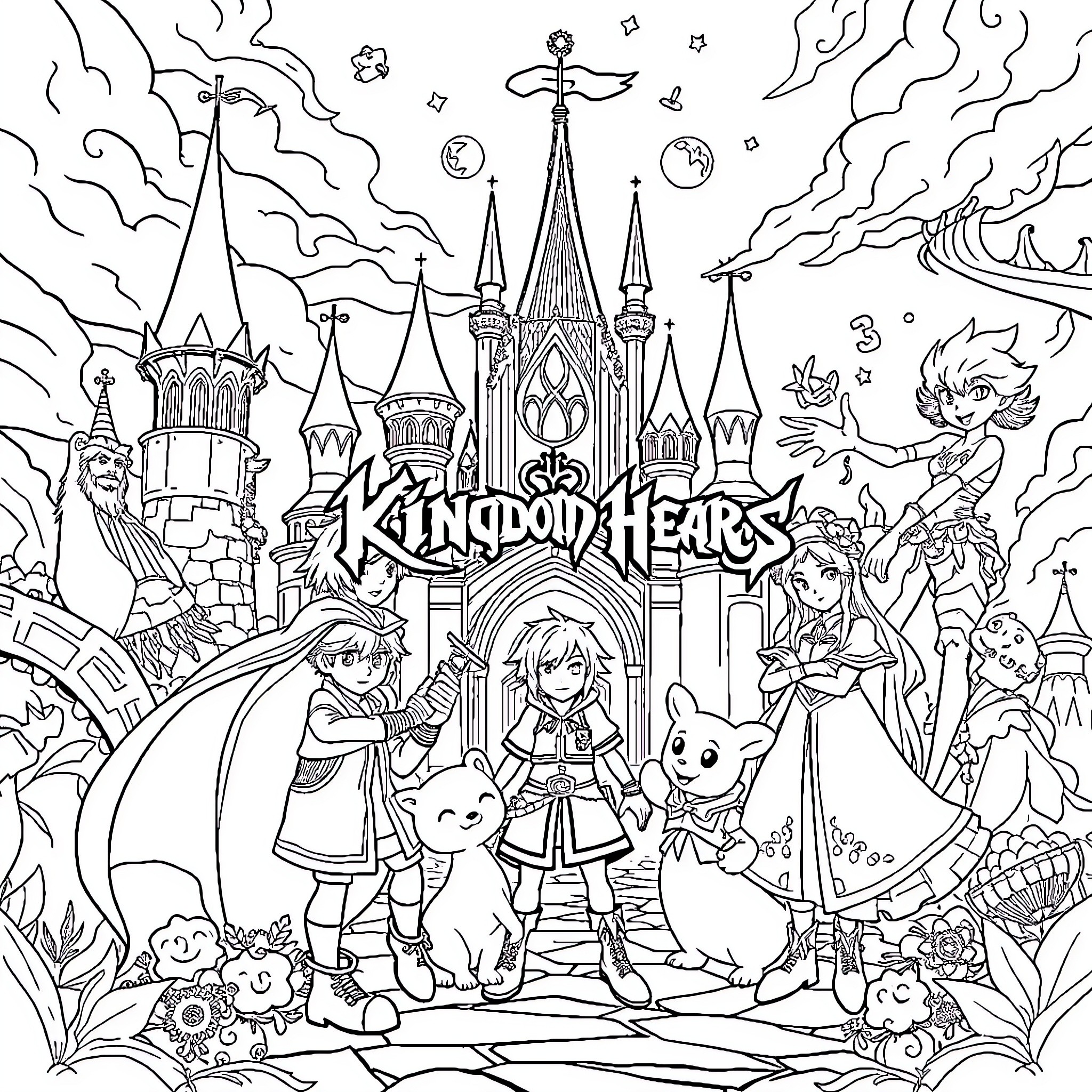 Kingdom Hearts: Adventurous Journey through Enchanting Realms Coloring Page (free black-and-white line drawing printable PDF for all, from beginners to advanced learners, including children, teens, adults, and seniors)