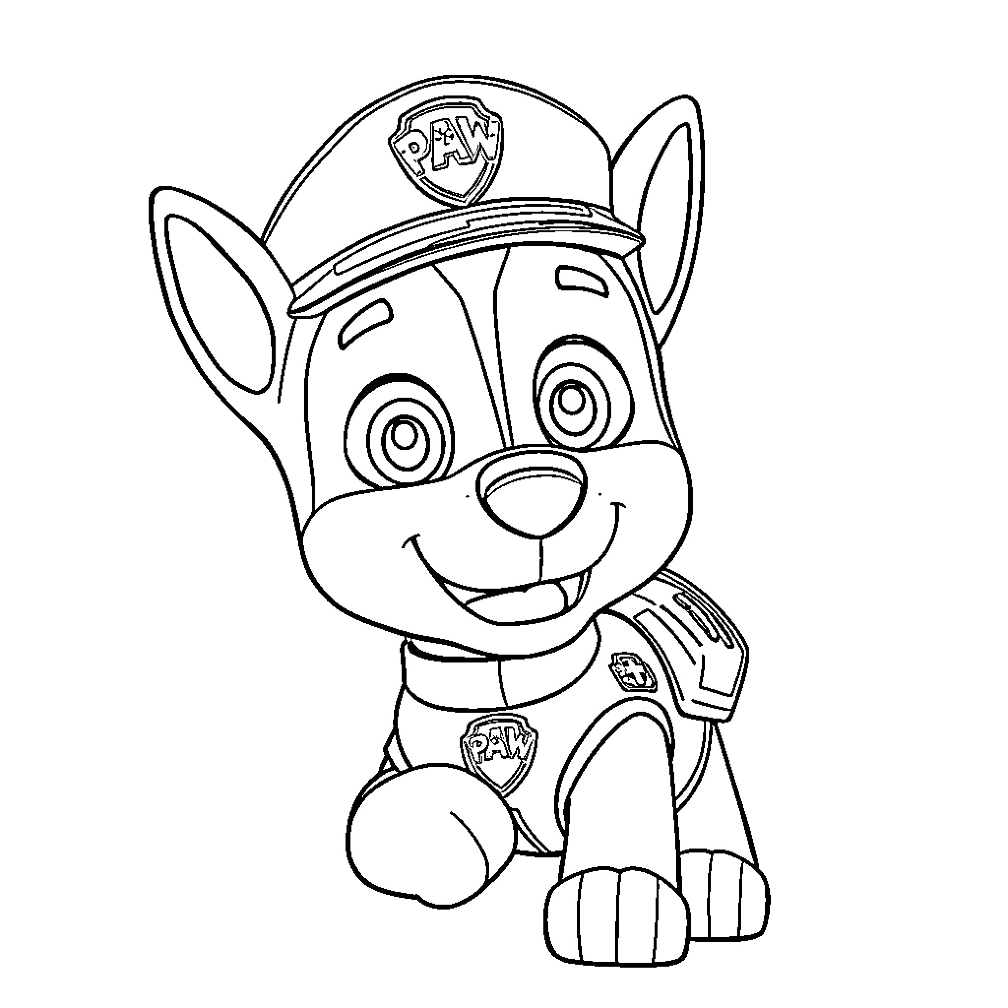 Chase the puppy in his police uniform Coloring Page (free black-and-white line drawing printable PDF for all, from beginners to advanced learners, including children, teens, adults, and seniors)