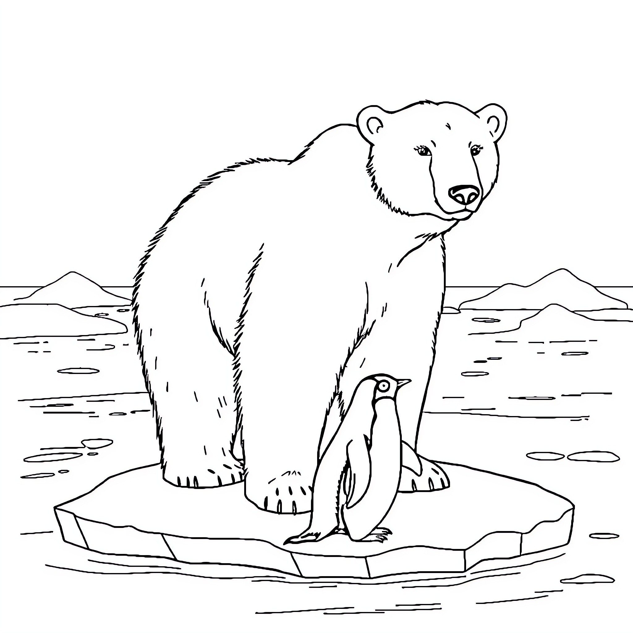 Polar Bear with a Penguin Companion Coloring Page (free black-and-white line drawing printable PDF for all, from beginners to advanced learners, including children, teens, adults, and seniors)