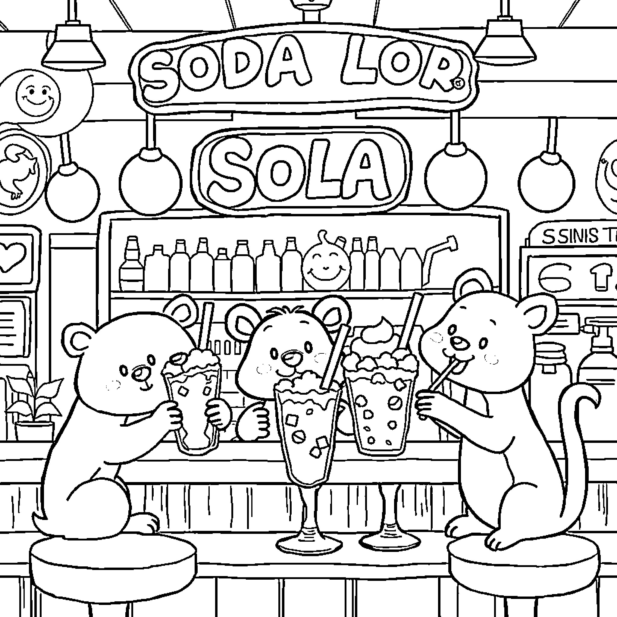 Animal enjoying soda in a diner setting Coloring Page (free black-and-white line drawing printable PDF for all, from beginners to advanced learners, including children, teens, adults, and seniors)