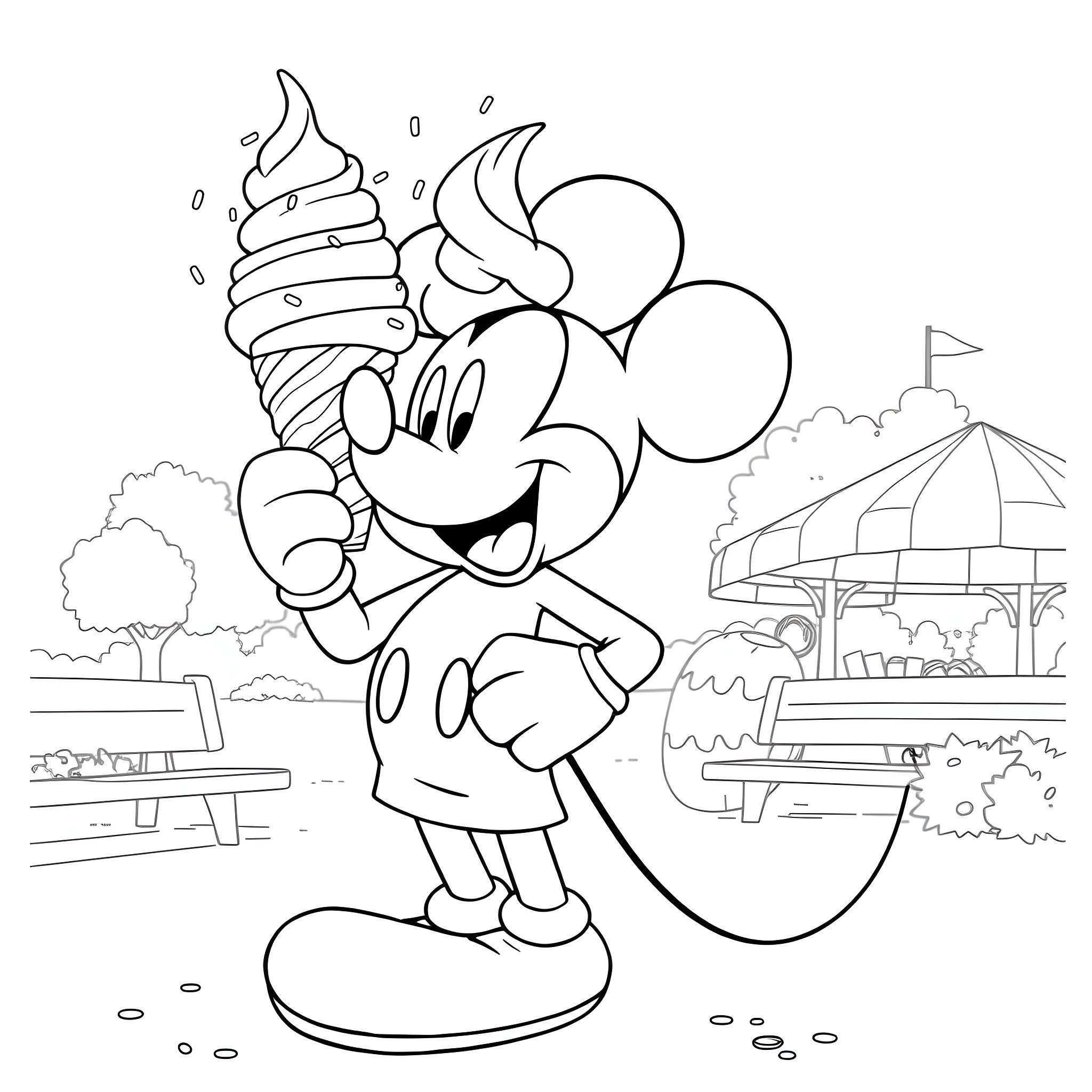 Mickey Mouse enjoying an ice cream treat at the park Coloring Page (free black-and-white line drawing printable PDF for all, from beginners to advanced learners, including children, teens, adults, and seniors)