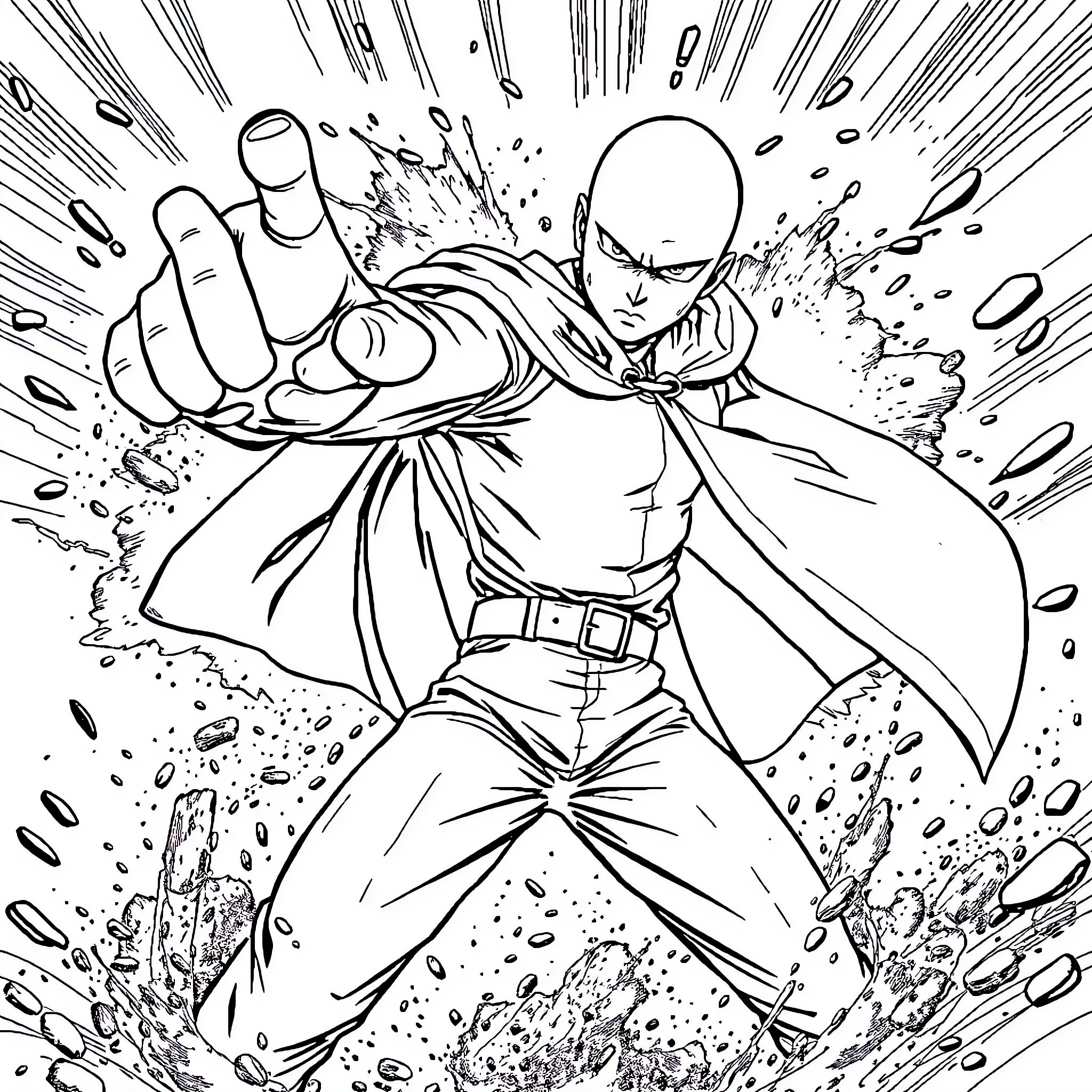 One Punch Hero Unleashing Powerful Attack Coloring Page (free black-and-white line drawing printable PDF for all, from beginners to advanced learners, including children, teens, adults, and seniors)