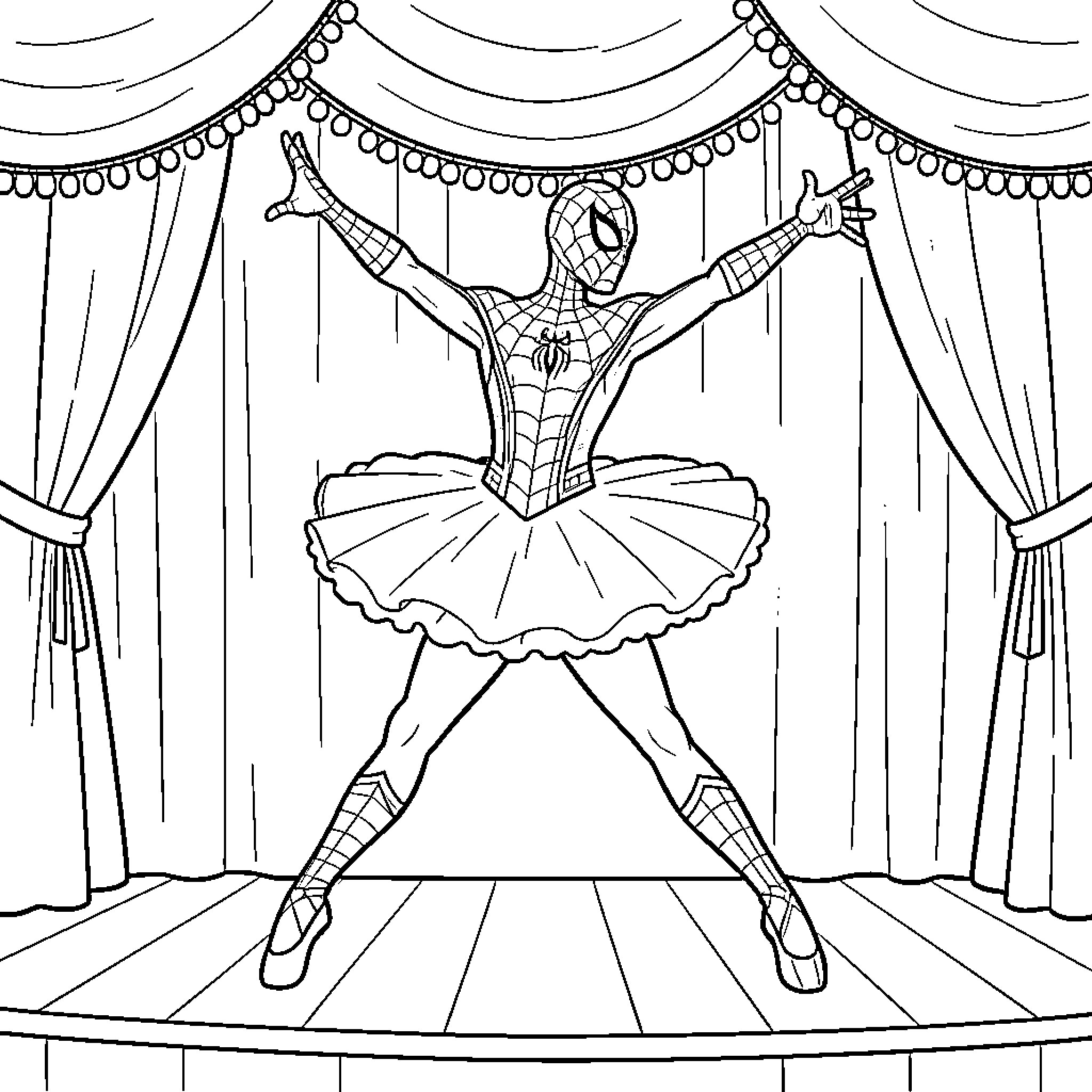 Spiderman performing a ballet dance on stage Coloring Page (free black-and-white line drawing printable PDF for all, from beginners to advanced learners, including children, teens, adults, and seniors)