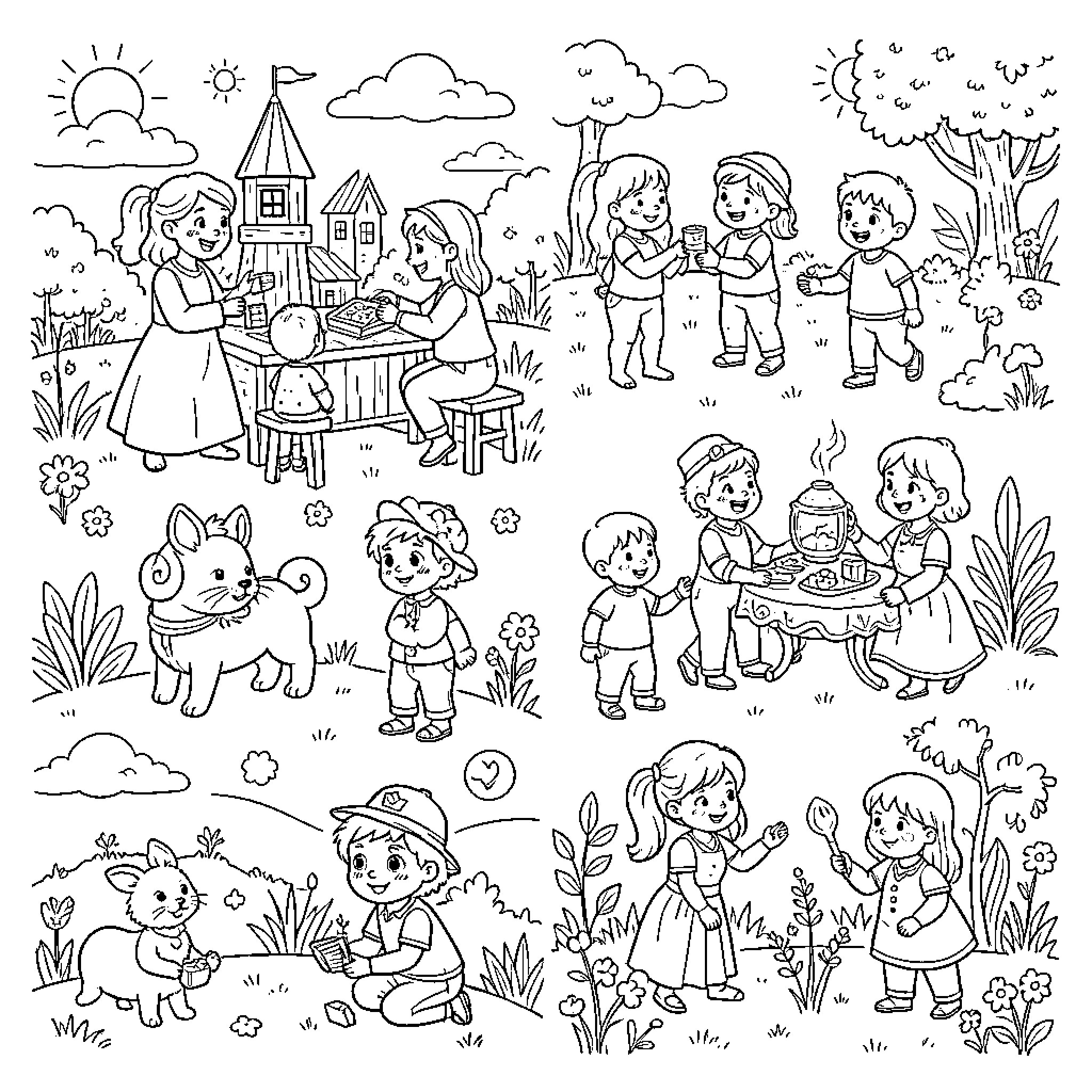 Inclusive children enjoying outdoor activities and playing together Coloring Page (free black-and-white line drawing printable PDF for all, from beginners to advanced learners, including children, teens, adults, and seniors)