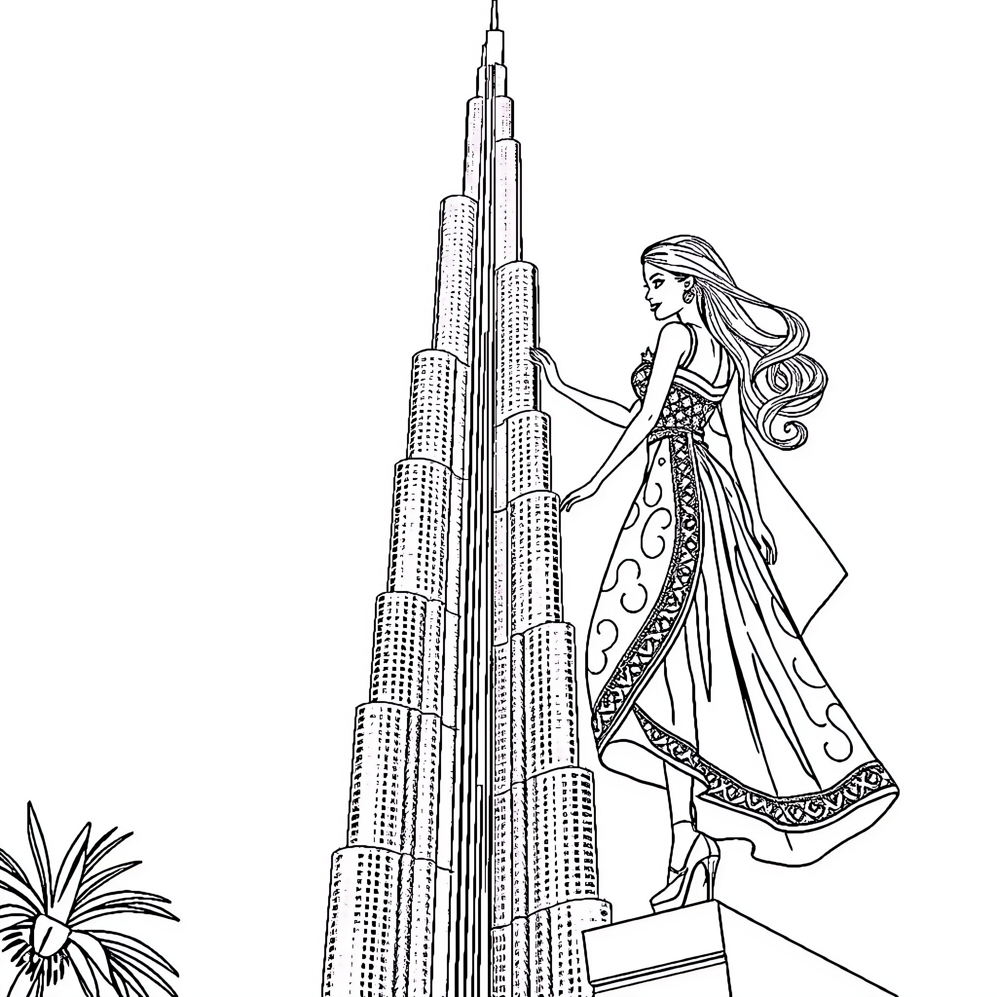 Barbie exploring the magnificent cityscape Coloring Page (free black-and-white line drawing printable PDF for all, from beginners to advanced learners, including children, teens, adults, and seniors)