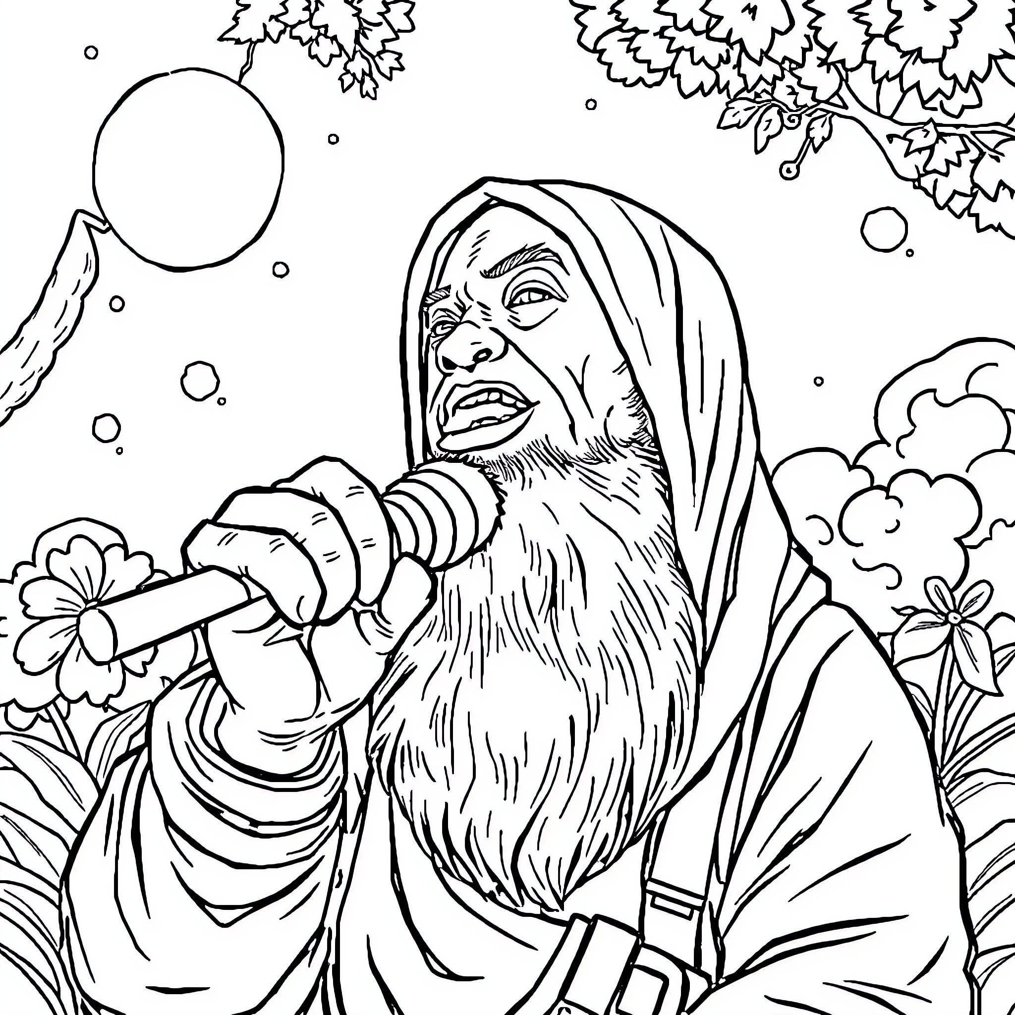 Orang-Utan holding a sword in a magical forest Coloring Page (free black-and-white line drawing printable PDF for all, from beginners to advanced learners, including children, teens, adults, and seniors)